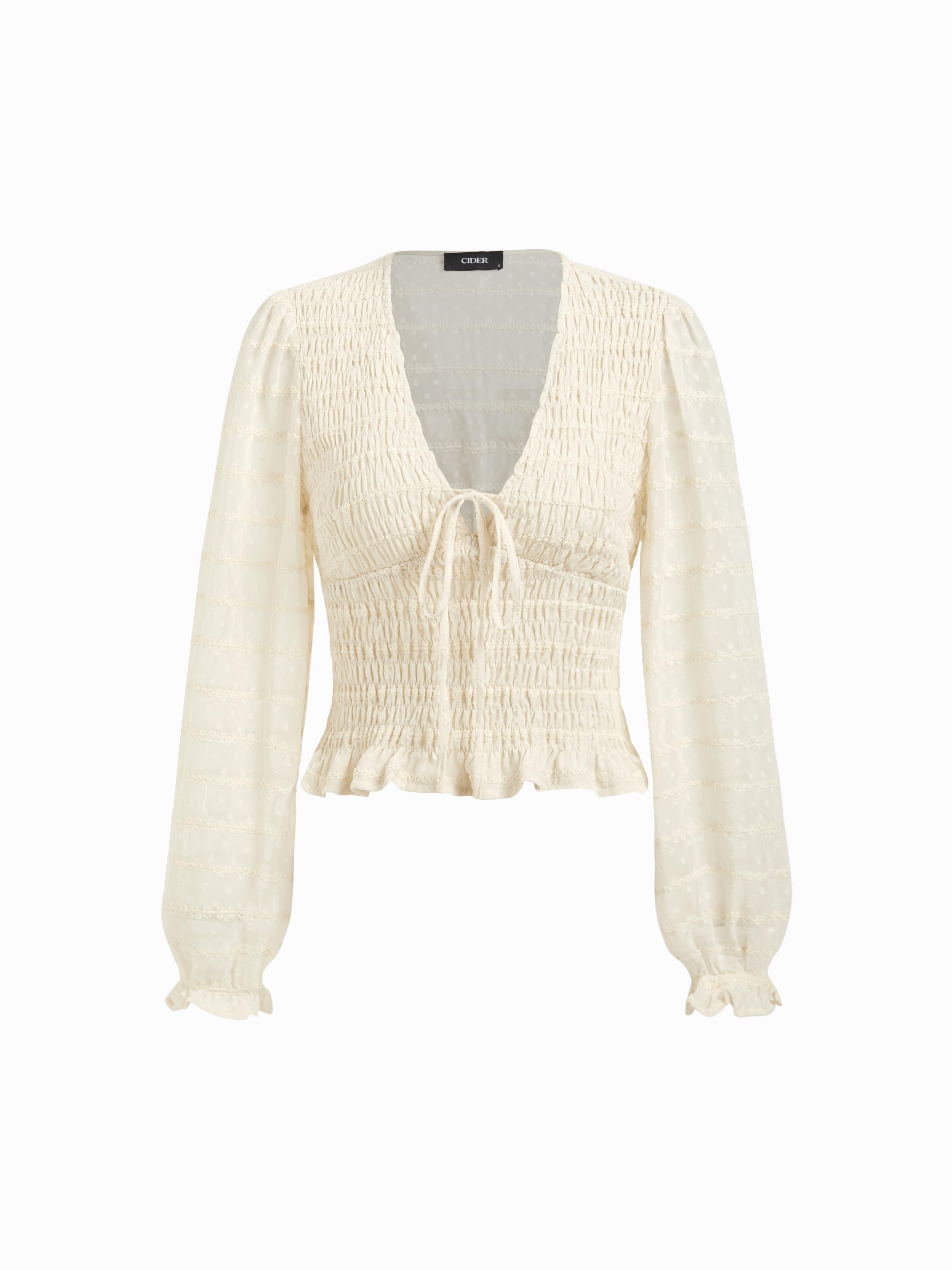 Lace V-neck Shirred Tie Front Lantern Sleeve Blouse by CIDER