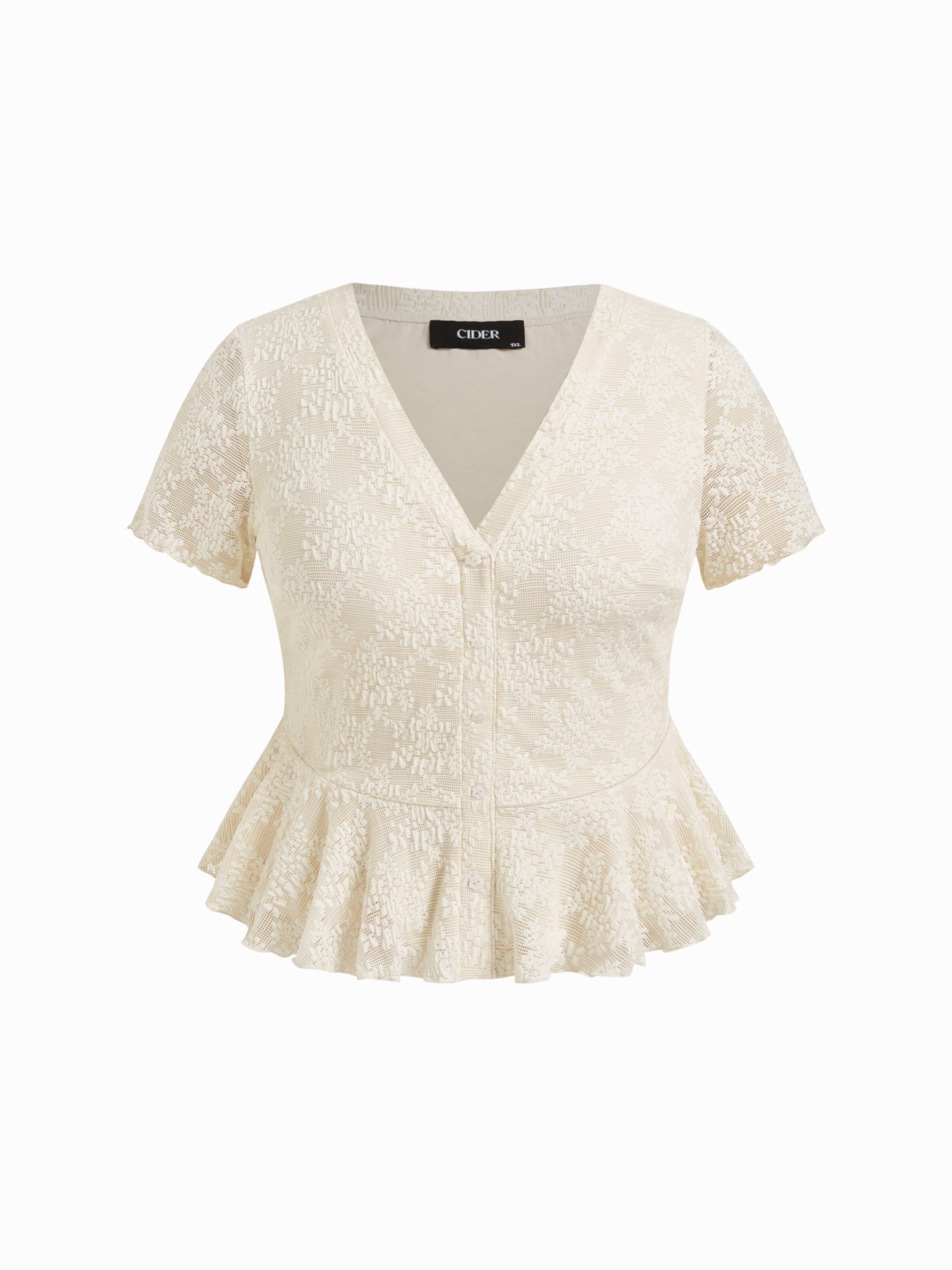 Lace V-neck Short Sleeve Button Front Ruffle Hem Blouse Curve & Plus by CIDER