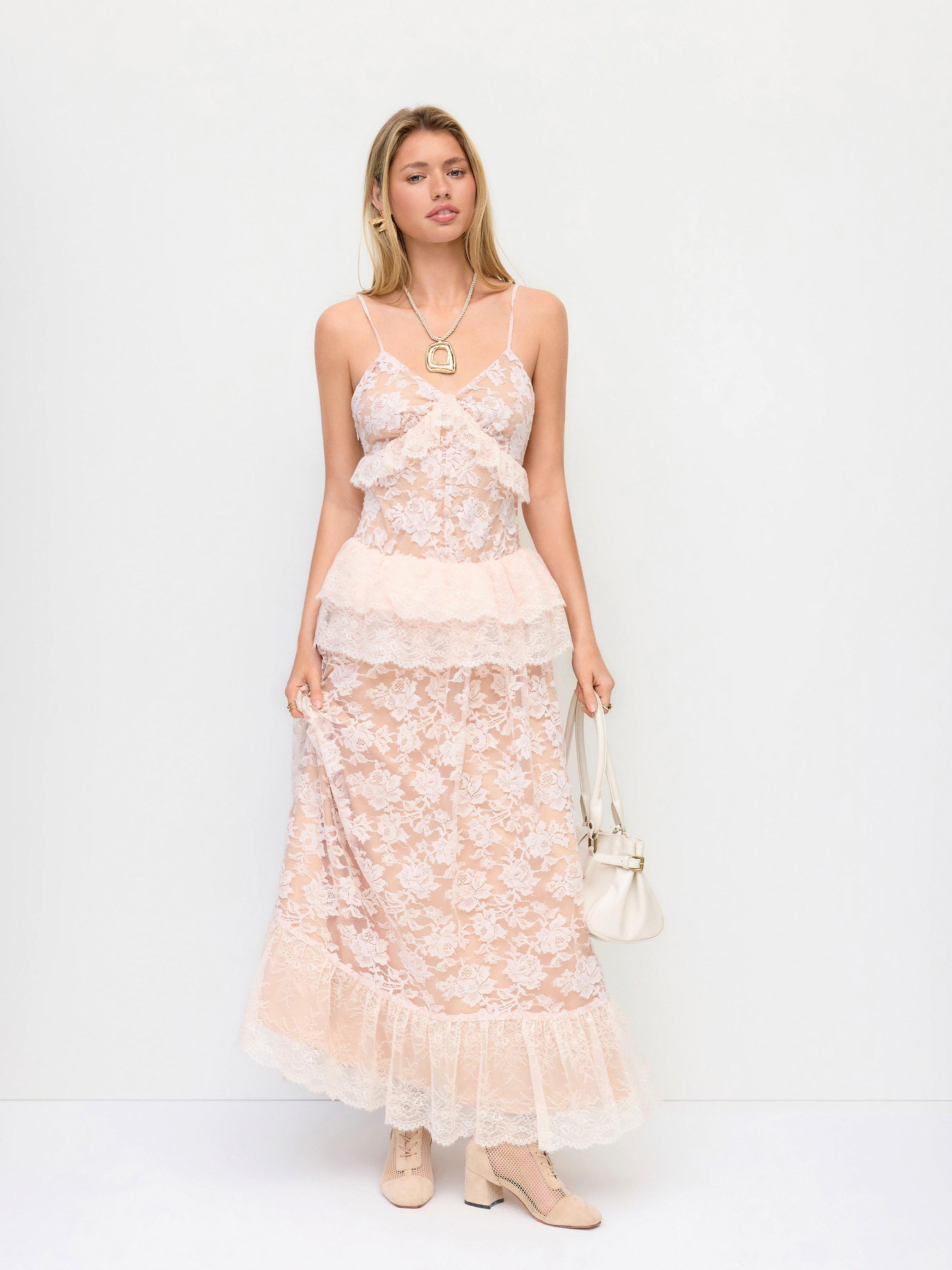 Lace V-neck Sleeveless Ruffle A-line Maxi Dress by CIDER