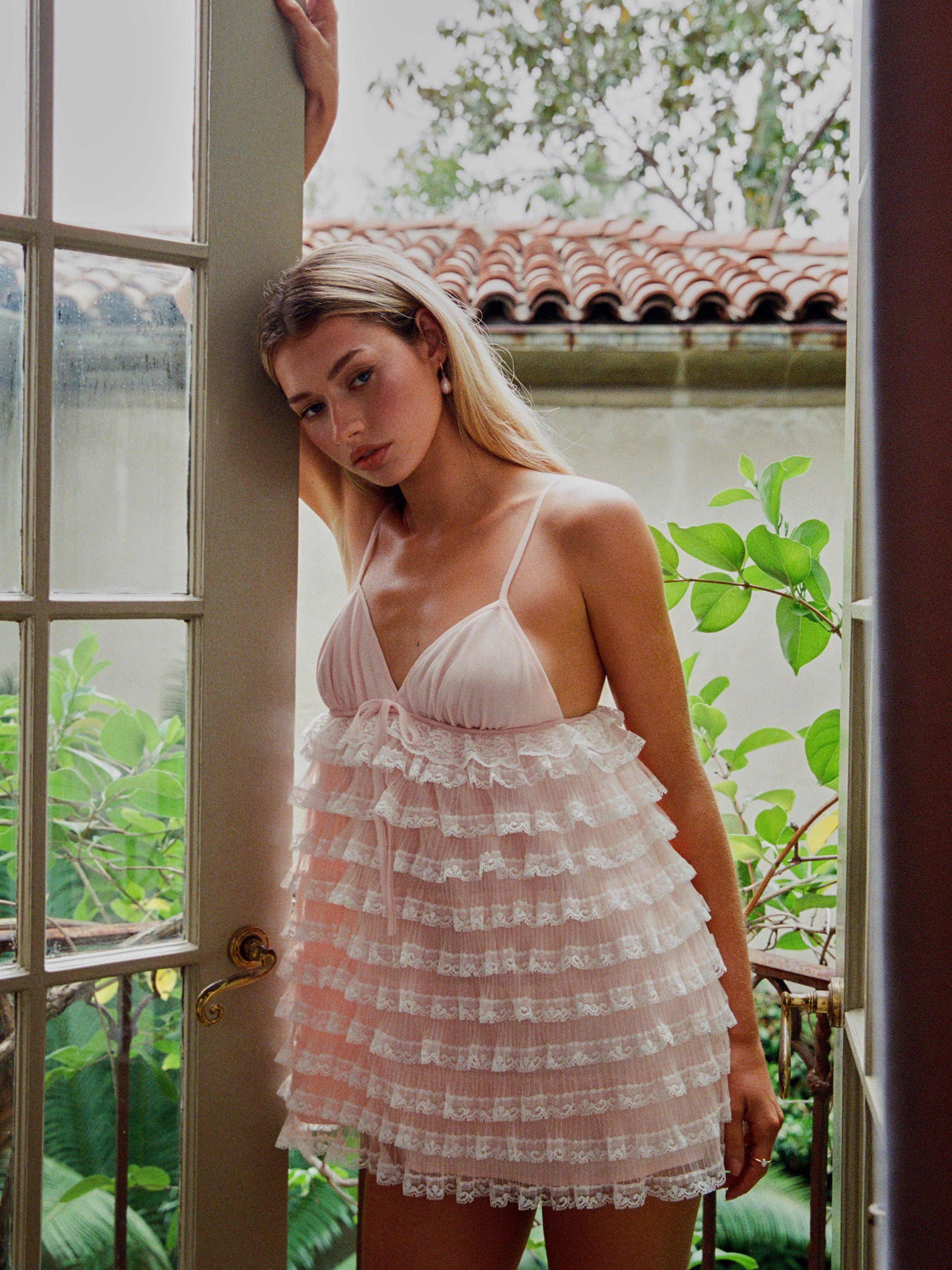 Lace V-neck Sleeveless Ruffled Layered Mini Dress by CIDER