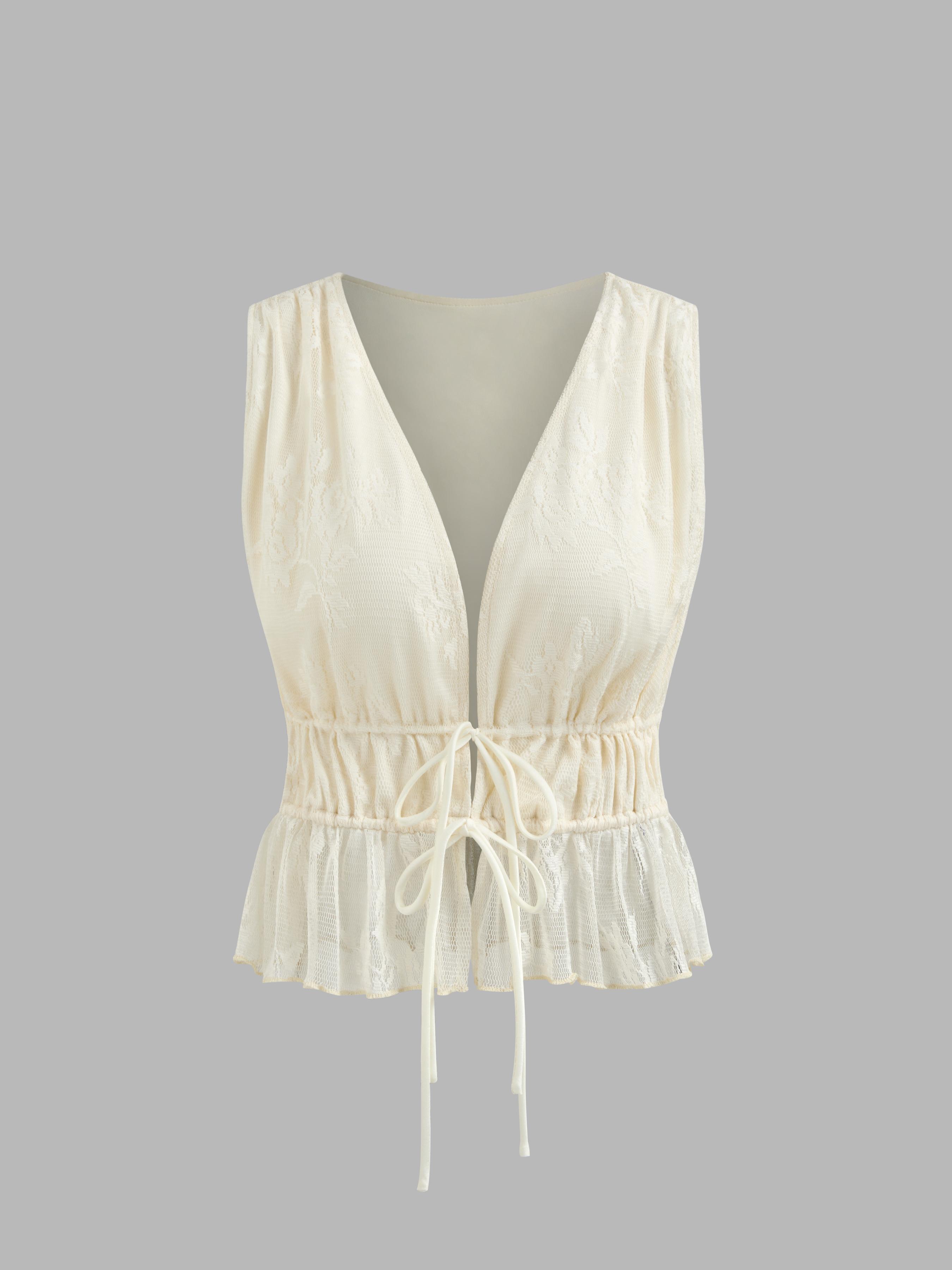 Lace V-neck Solid Lettuce Trim Knotted Tank Top by CIDER