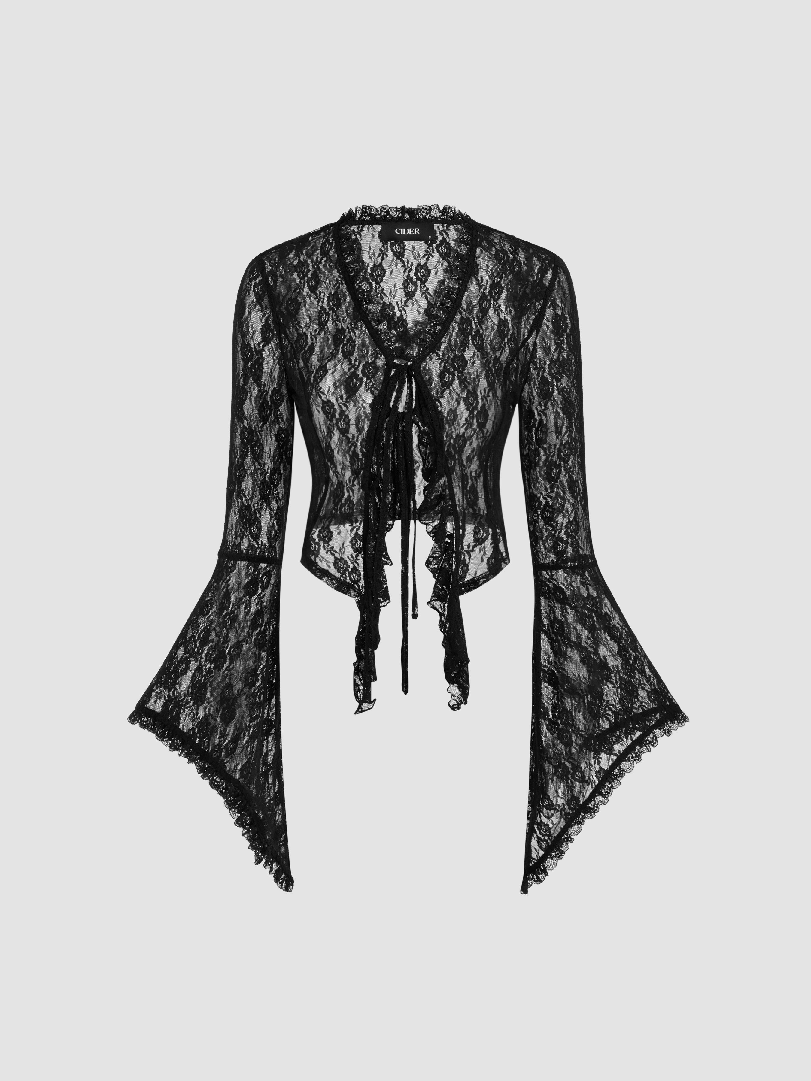 Lace V-neck Solid See-through Long Sleeve Top by CIDER