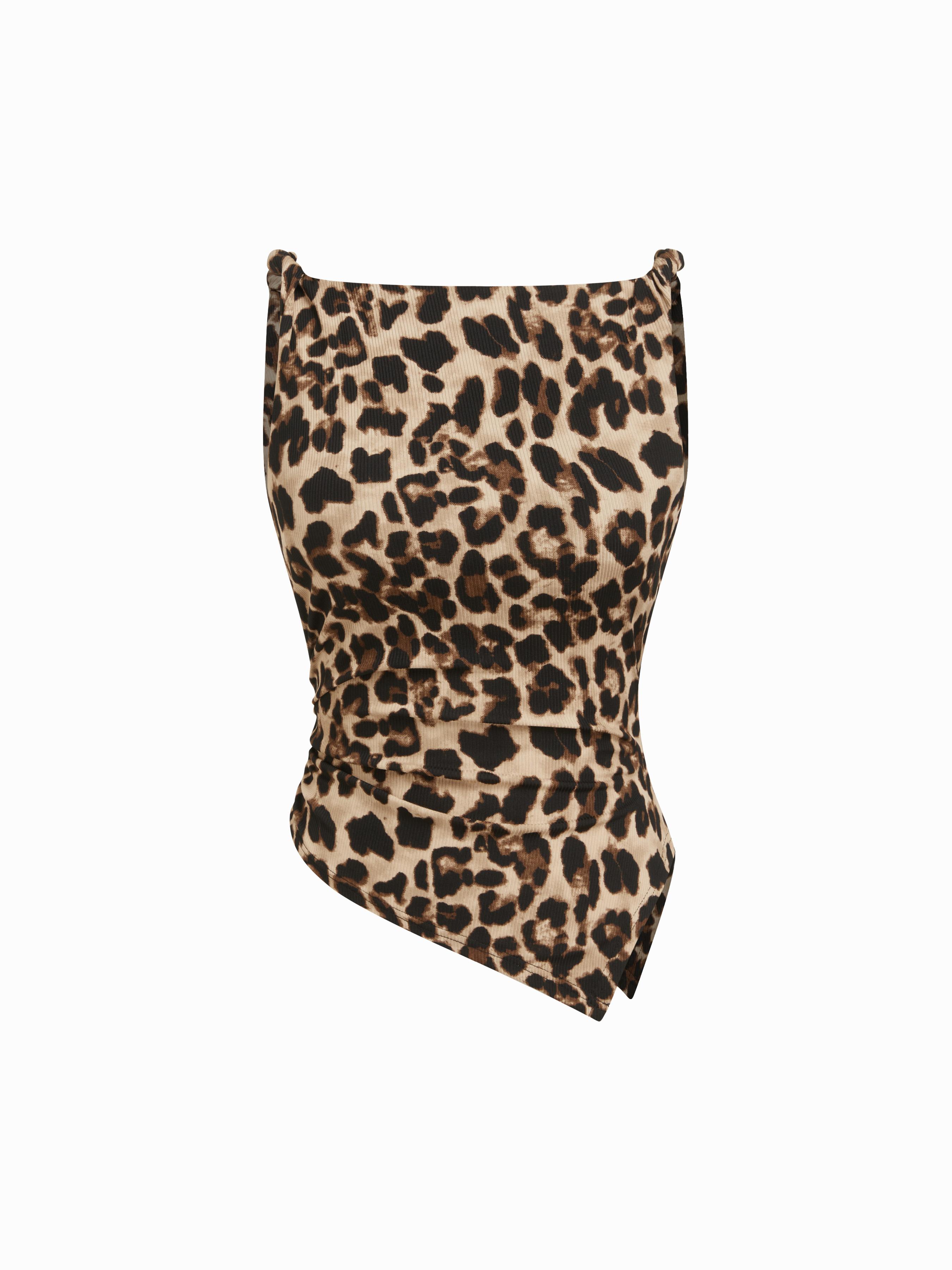 Leopard Boat Neck Ruched Asymmetrical Hem Tank Top by CIDER