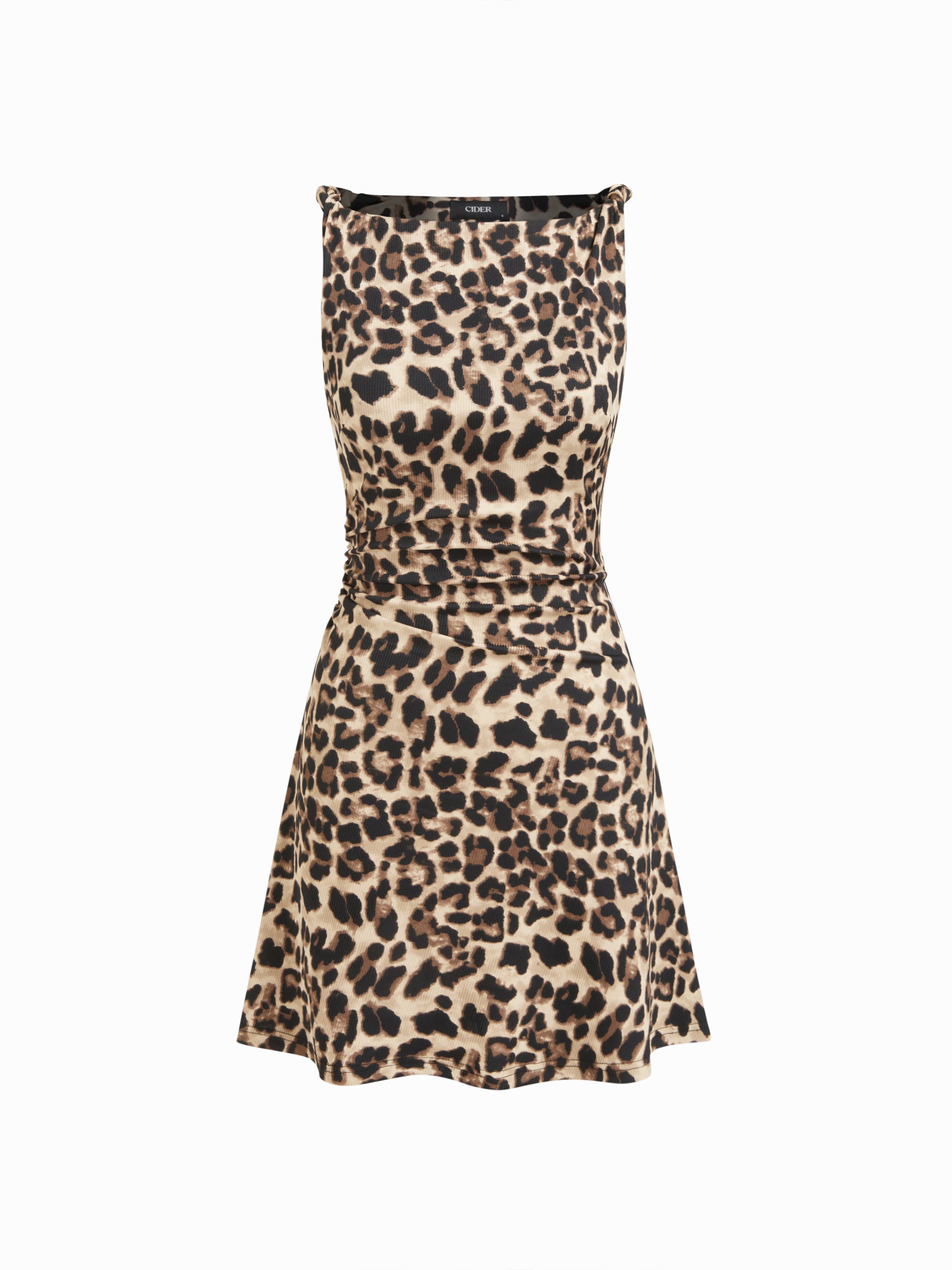 Leopard Boat Neck Ruched Mini Dress by CIDER