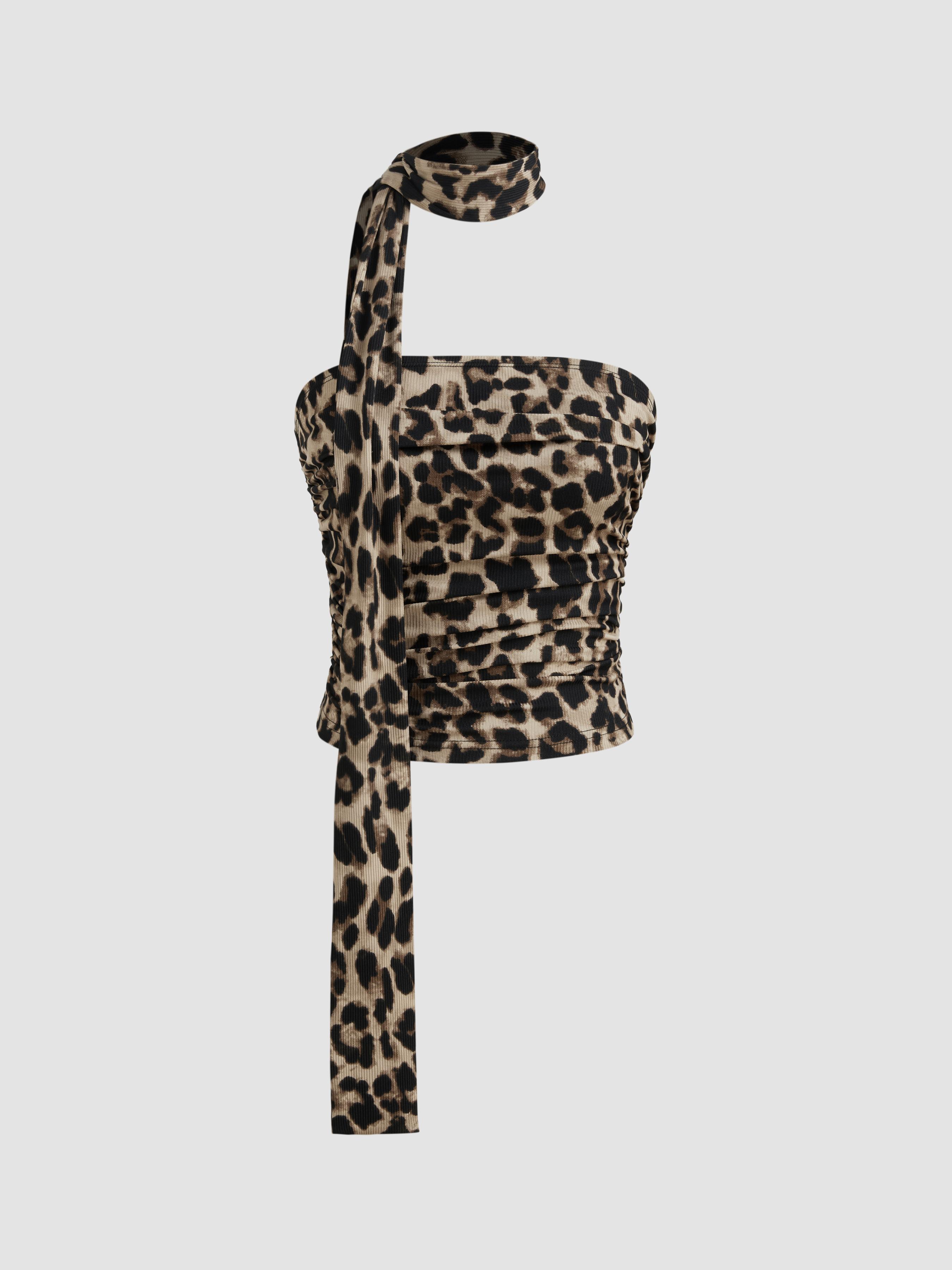 Leopard Print Ruched Tube Top With Scarf by CIDER