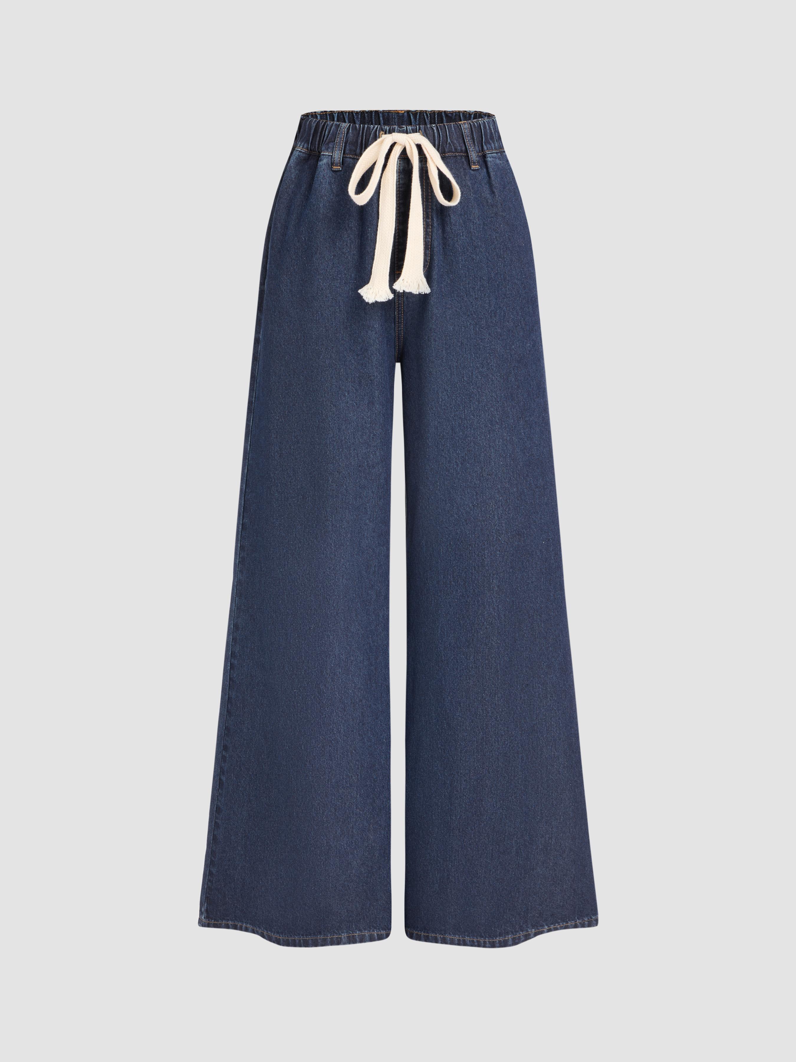 Leslie Denim High Waist Solid Tie Front Wide Leg Trousers by CIDER