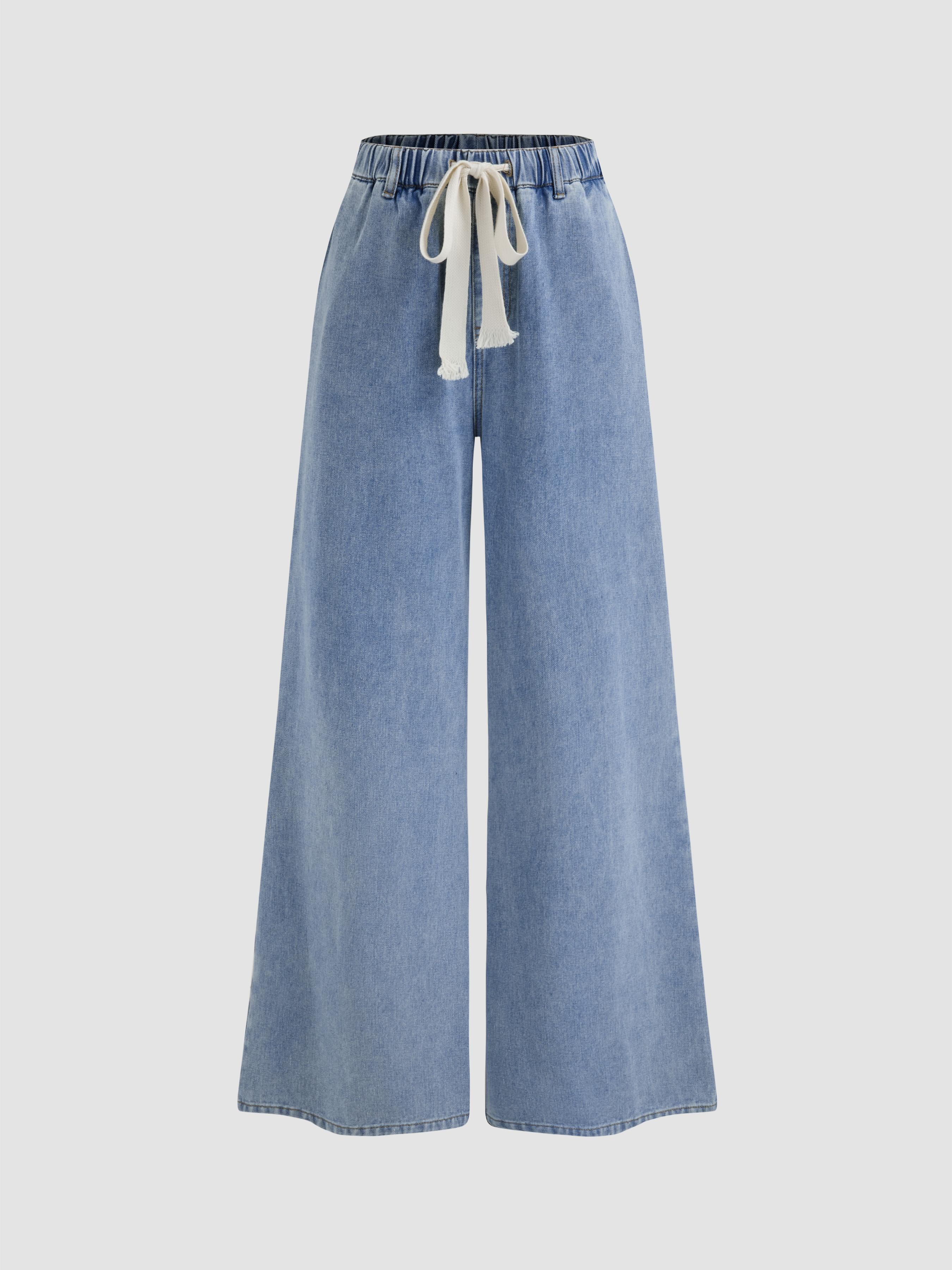 Leslie Denim High Waist Solid Tie Front Wide Leg Trousers by CIDER