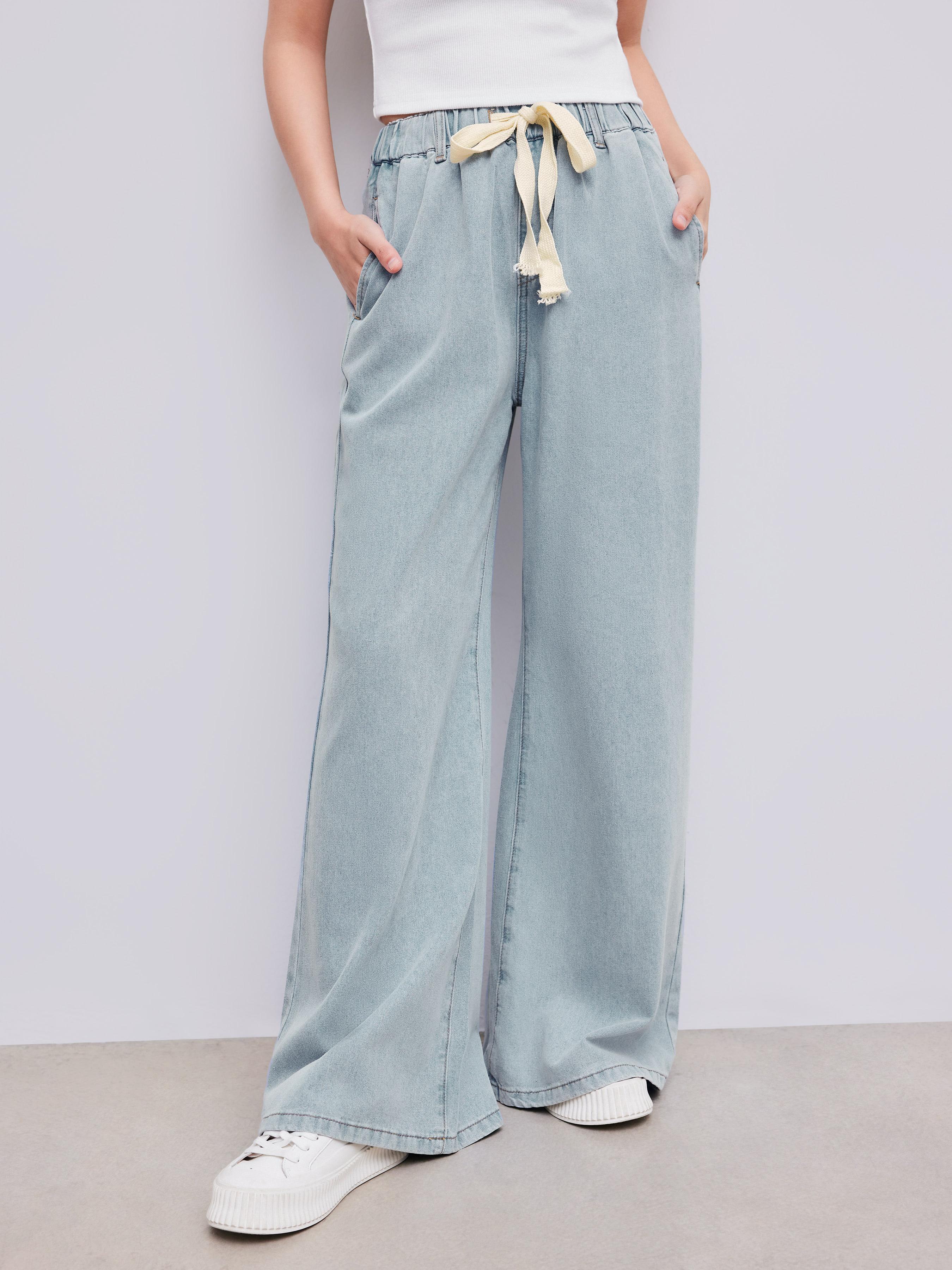 Leslie Denim High Waist Solid Tie Front Wide Leg Trousers by CIDER