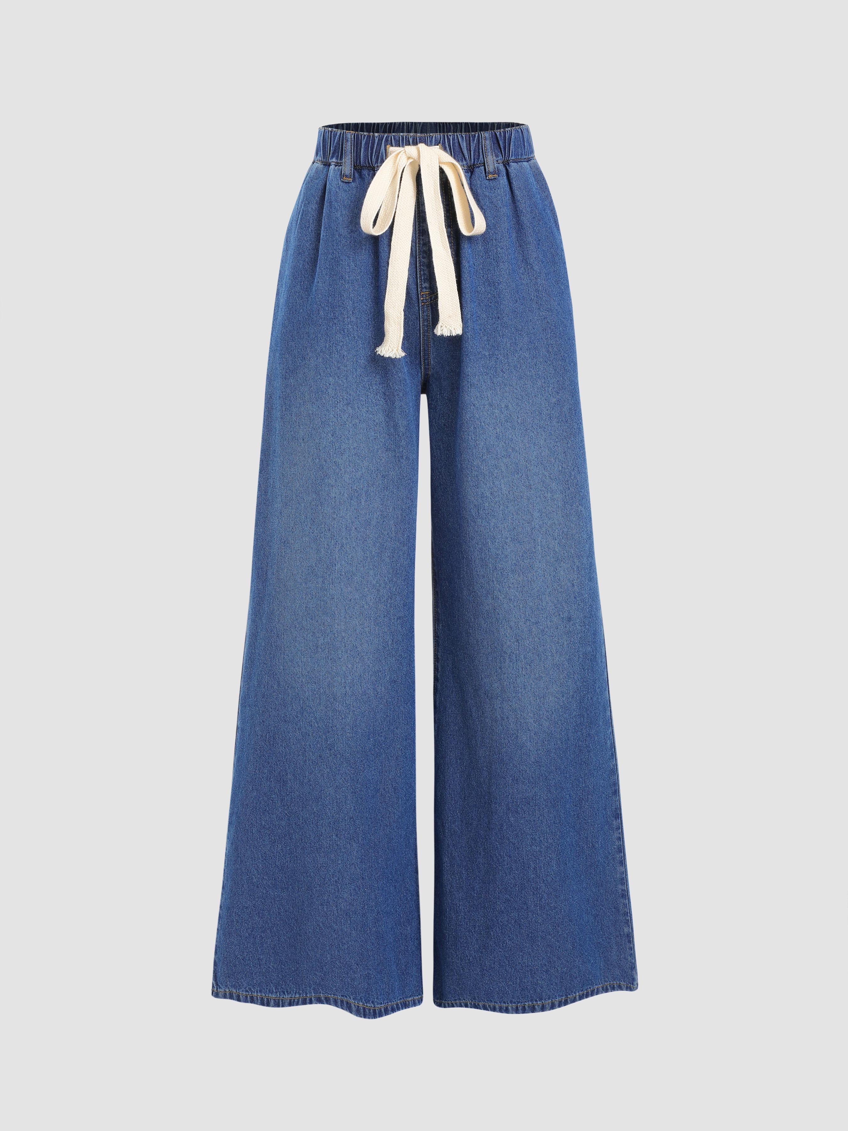 Leslie Denim High Waist Solid Tie Front Wide Leg Trousers by CIDER