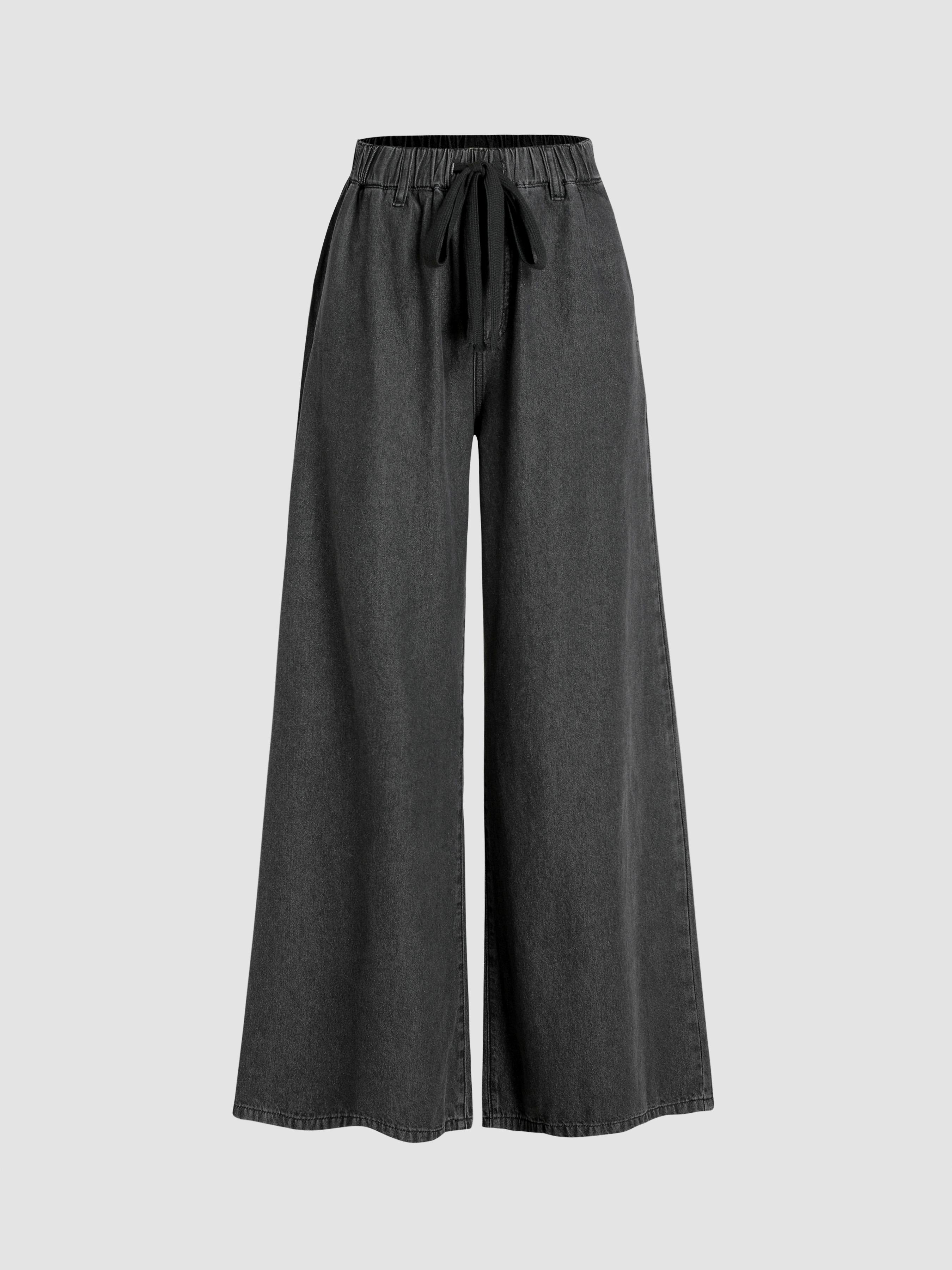 Leslie Denim High Waist Solid Tie Front Wide Leg Trousers by CIDER