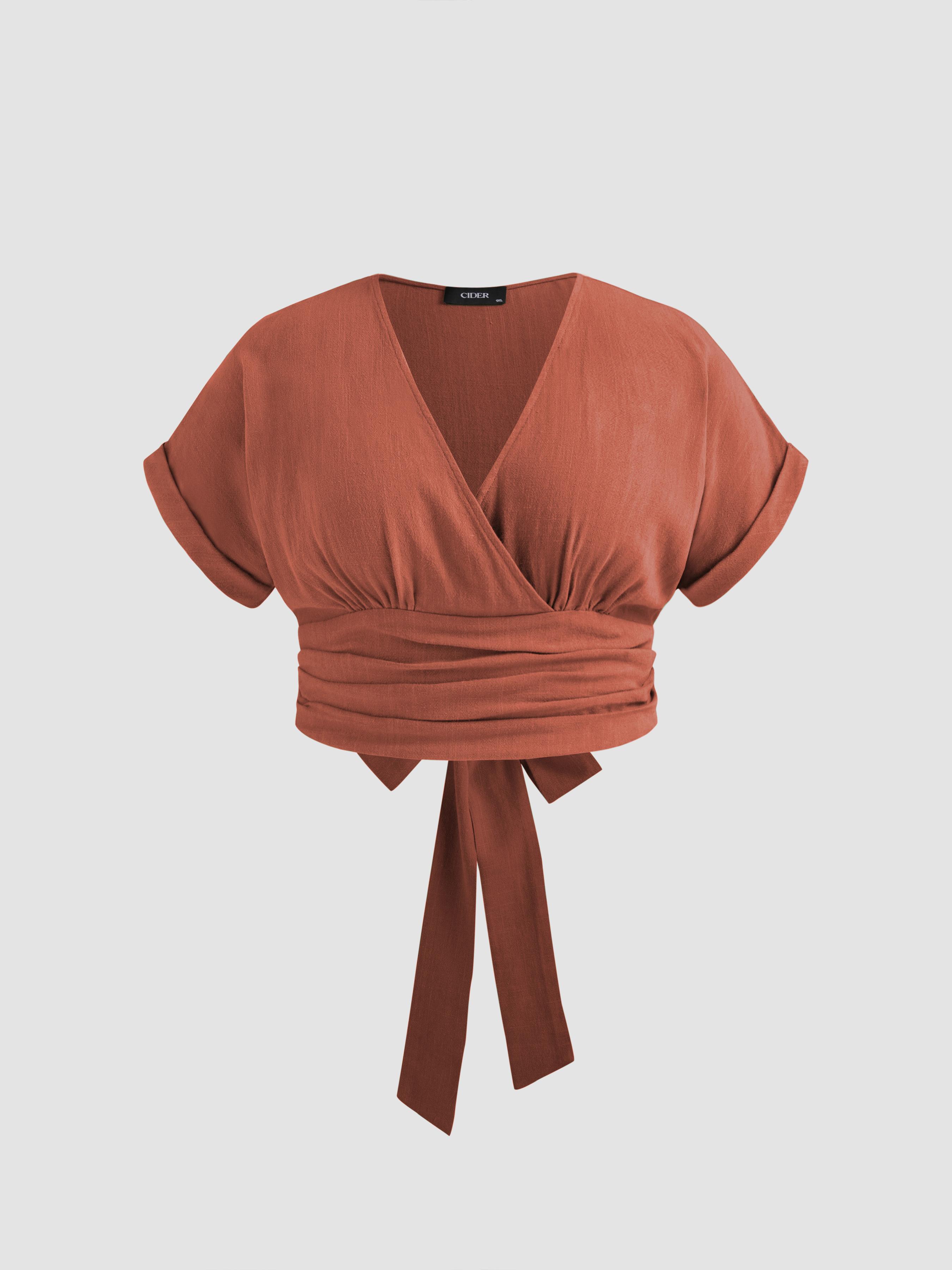 Linen-Blend V-neck Wrap Knotted Roll-up Sleeve Crop Blouse Curve & Plus by CIDER