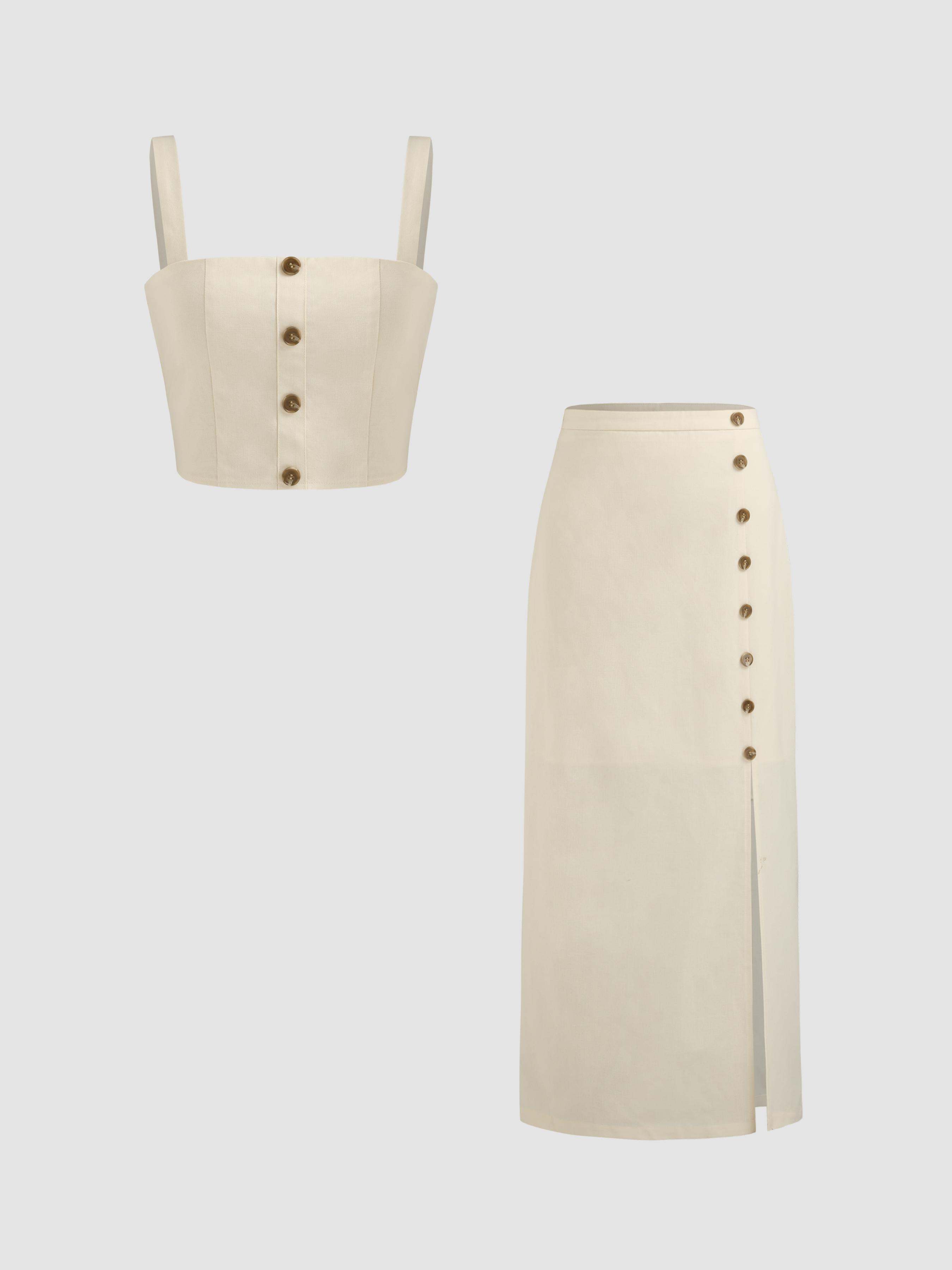 Linen Square Neck Button Crop Top With High Rise Button Split Maxi Skirt by CIDER