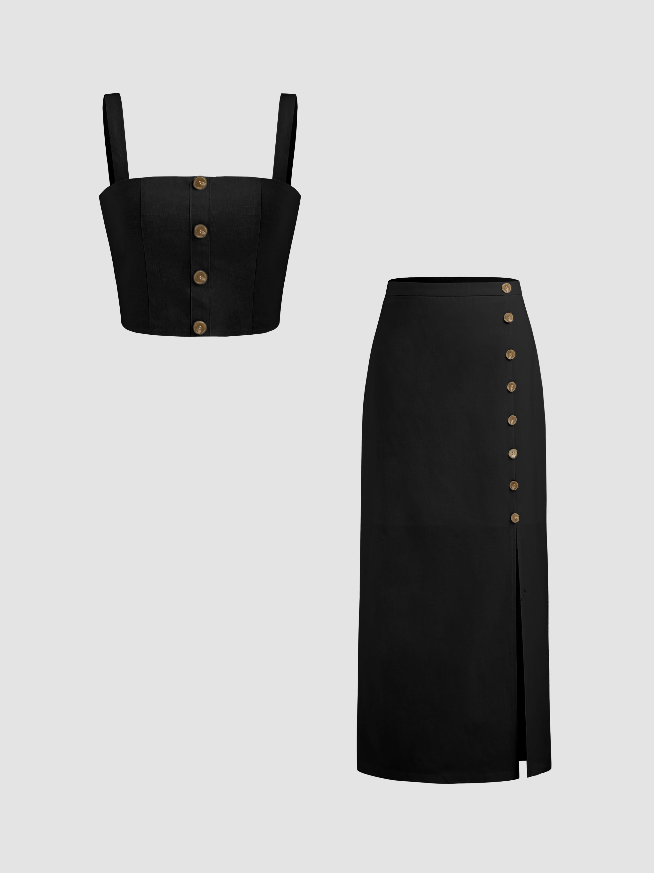 Linen Square Neck Button Crop Top With High Rise Button Split Maxi Skirt by CIDER