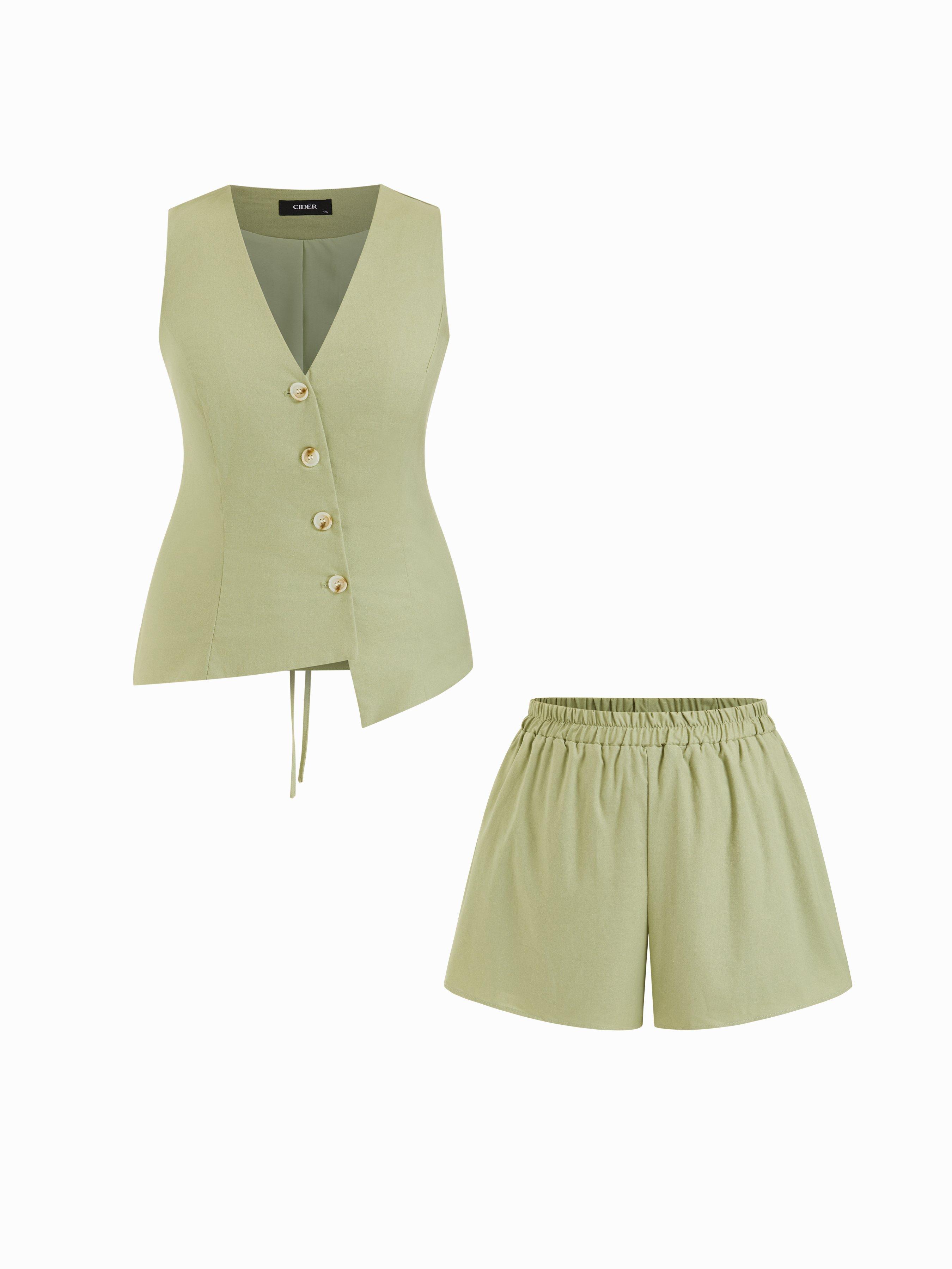 Linen-blend Asymmetrical Hem Lace Up Vest & Mid Rise Shorts Set Curve & Plus by CIDER