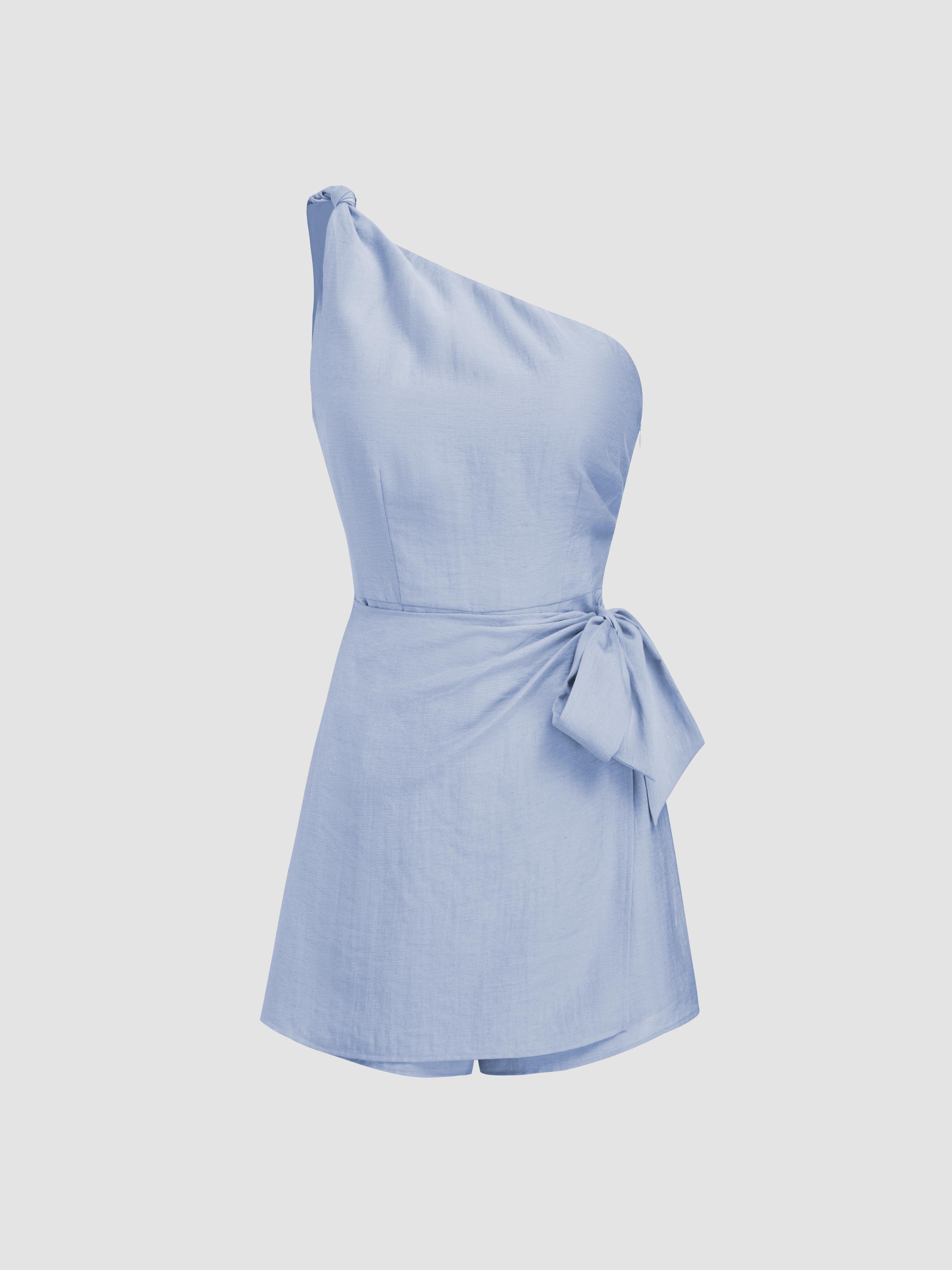 Linen-blend Asymmetrical Neck Bowknot Romper by CIDER