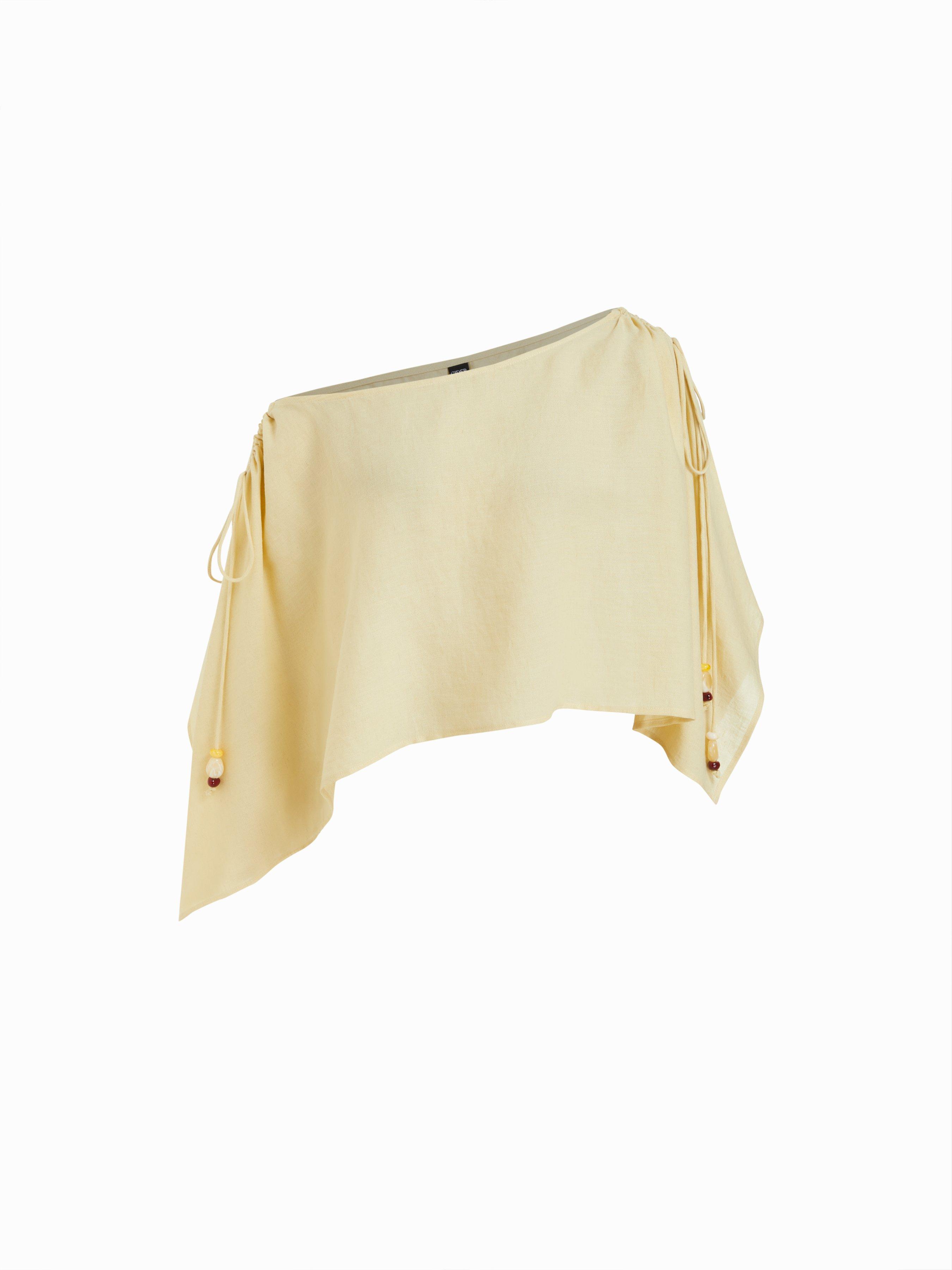 Linen-blend Asymmetrical Neck Drawstring Cloak Sleeve Oversized Blouse by CIDER