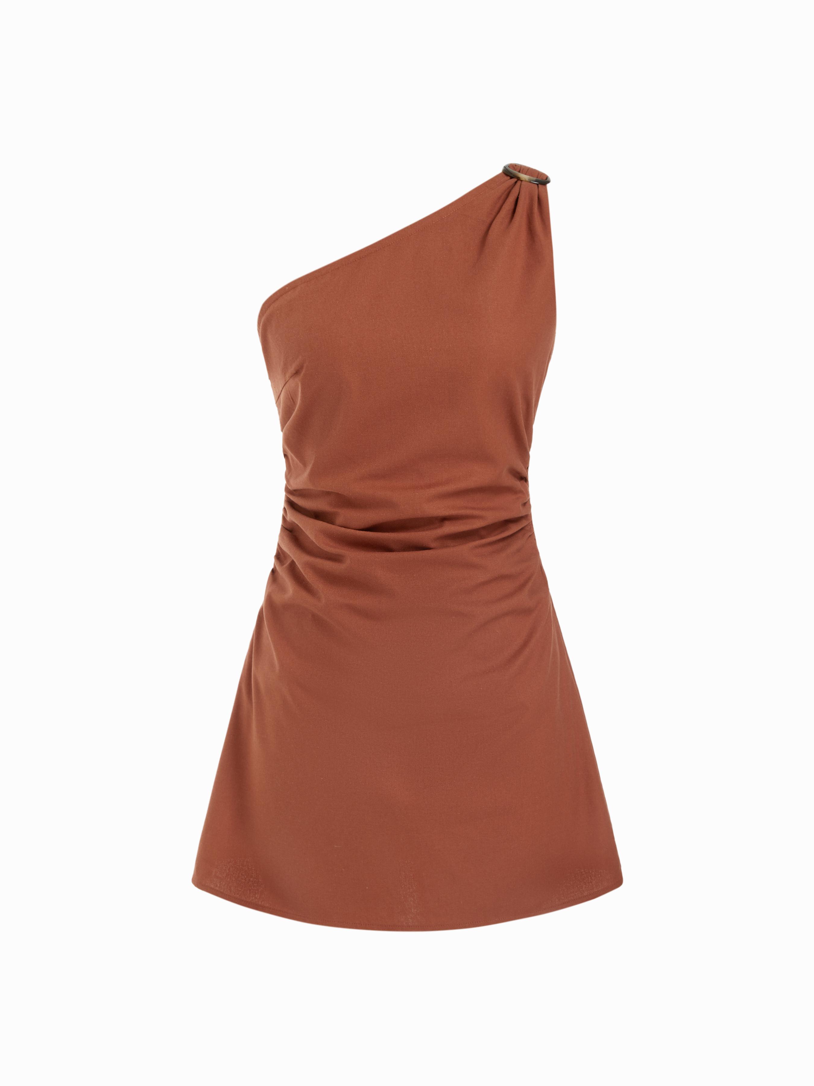 Linen-blend Asymmetrical Neck Ring Decor Ruched A-line Mini Dress by CIDER