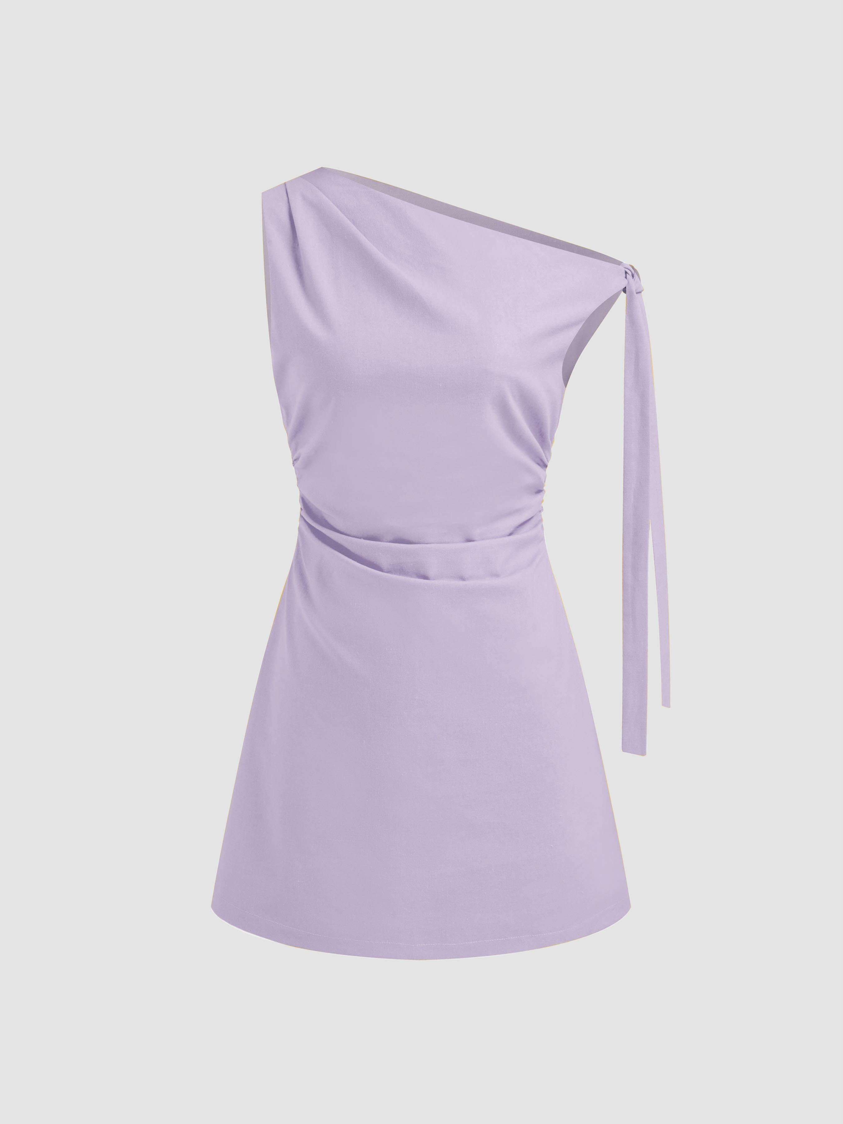 Linen-blend Asymmetrical Neck Ruched Mini Dress by CIDER