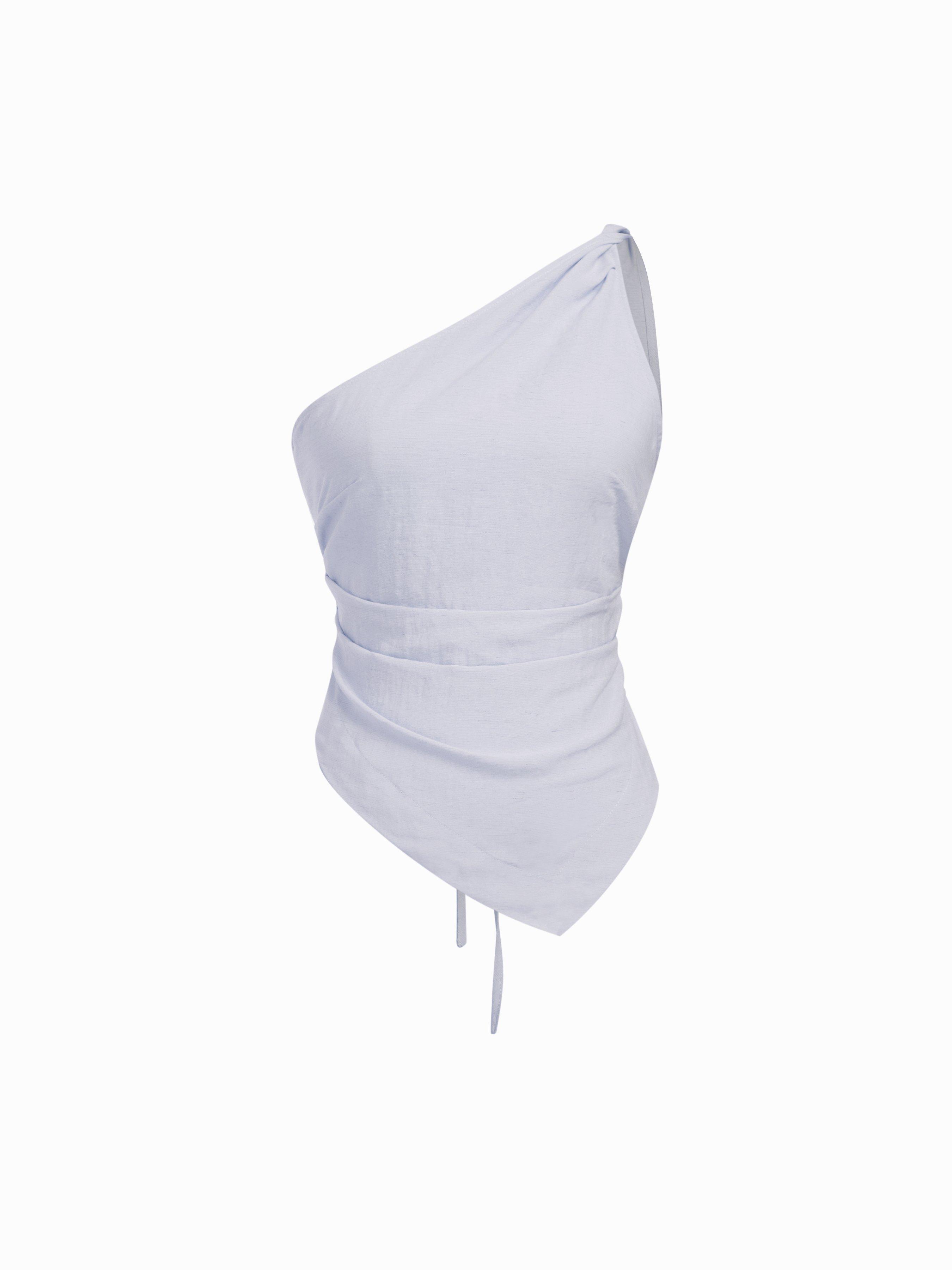 Linen-blend Asymmetrical Neck Ruched One-Shoulder Top by CIDER