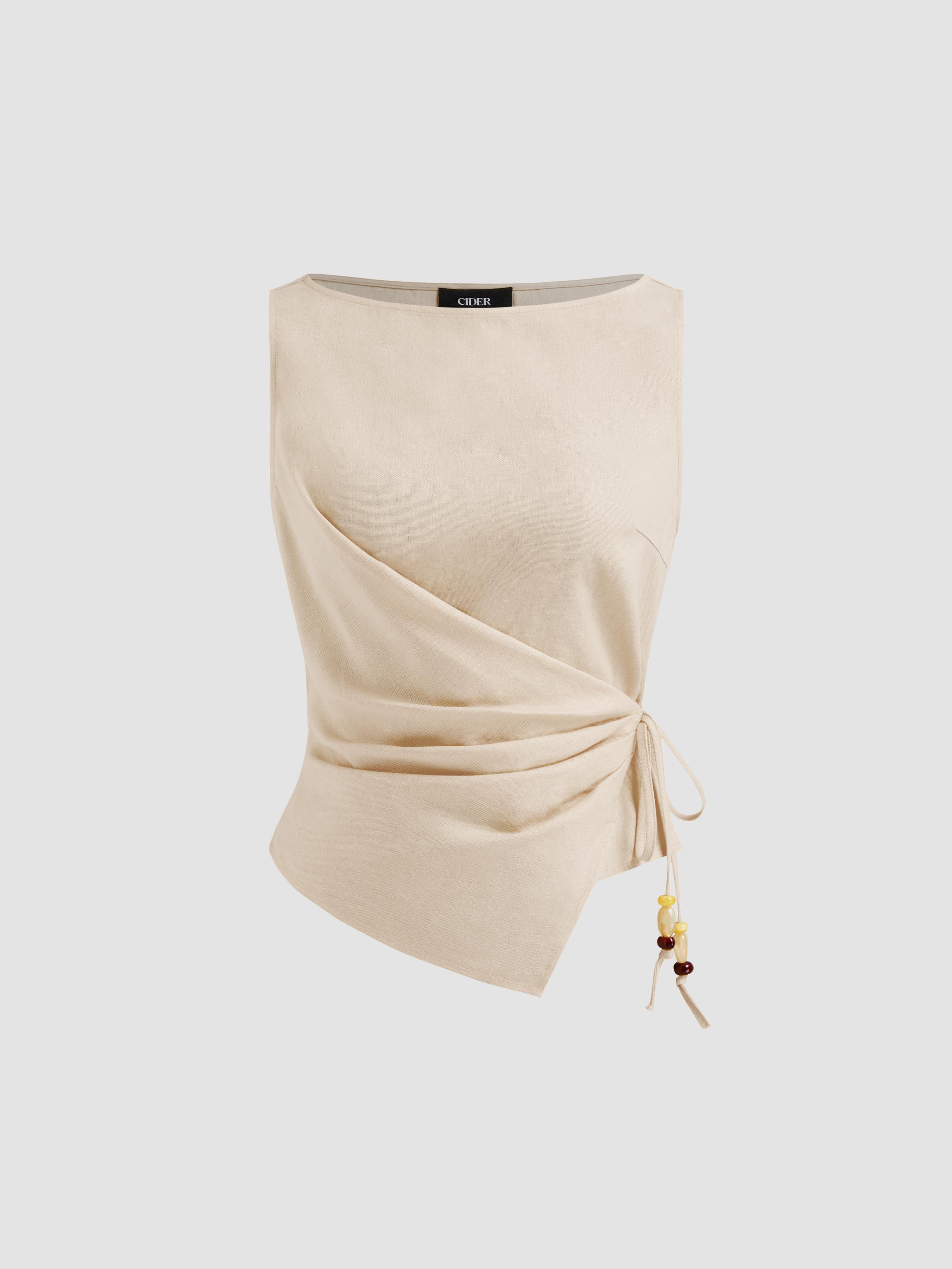 Linen-blend Beaded Knotted Ruched Tank Top by CIDER