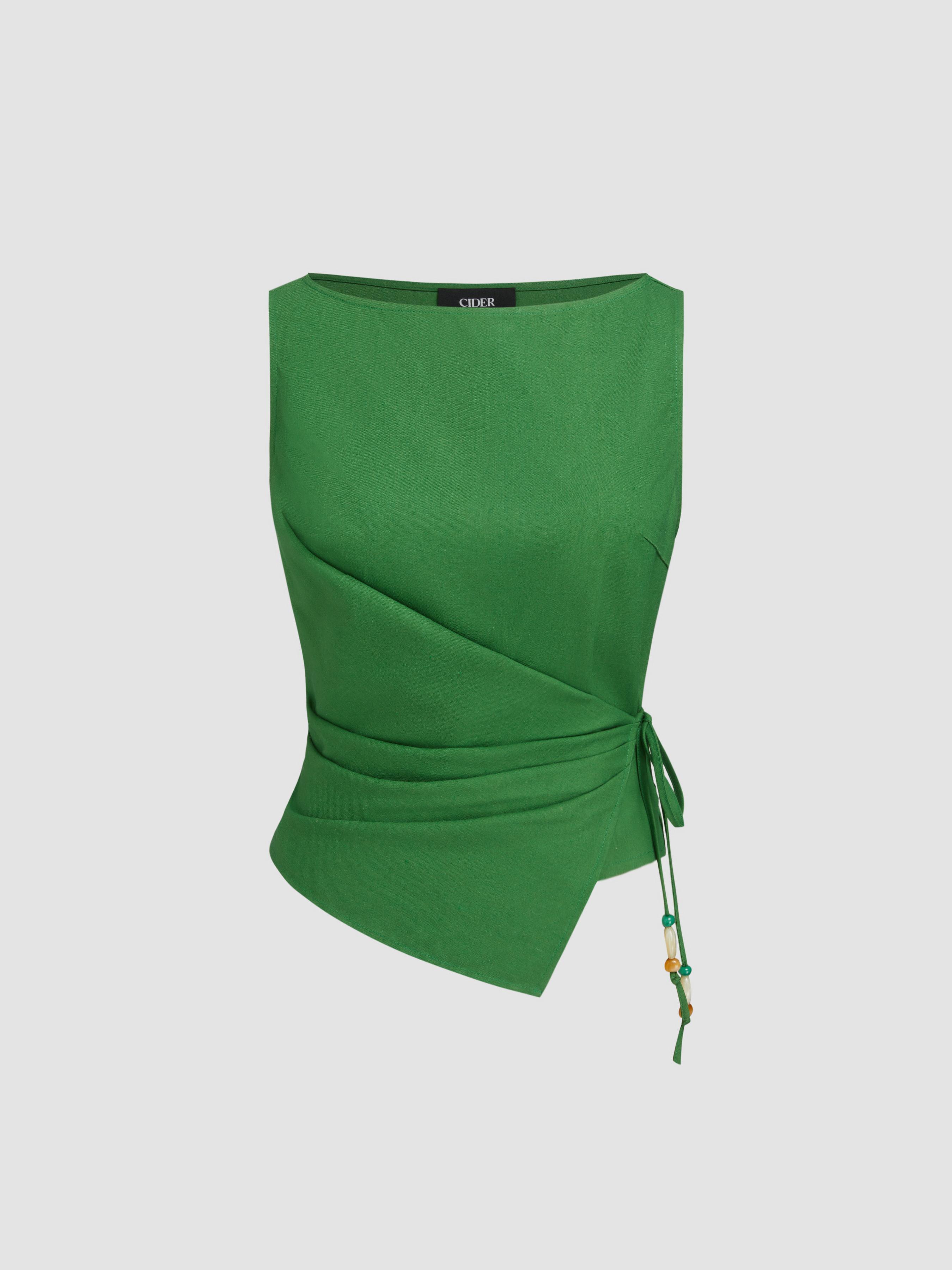 Linen-blend Beaded Knotted Ruched Tank Top by CIDER