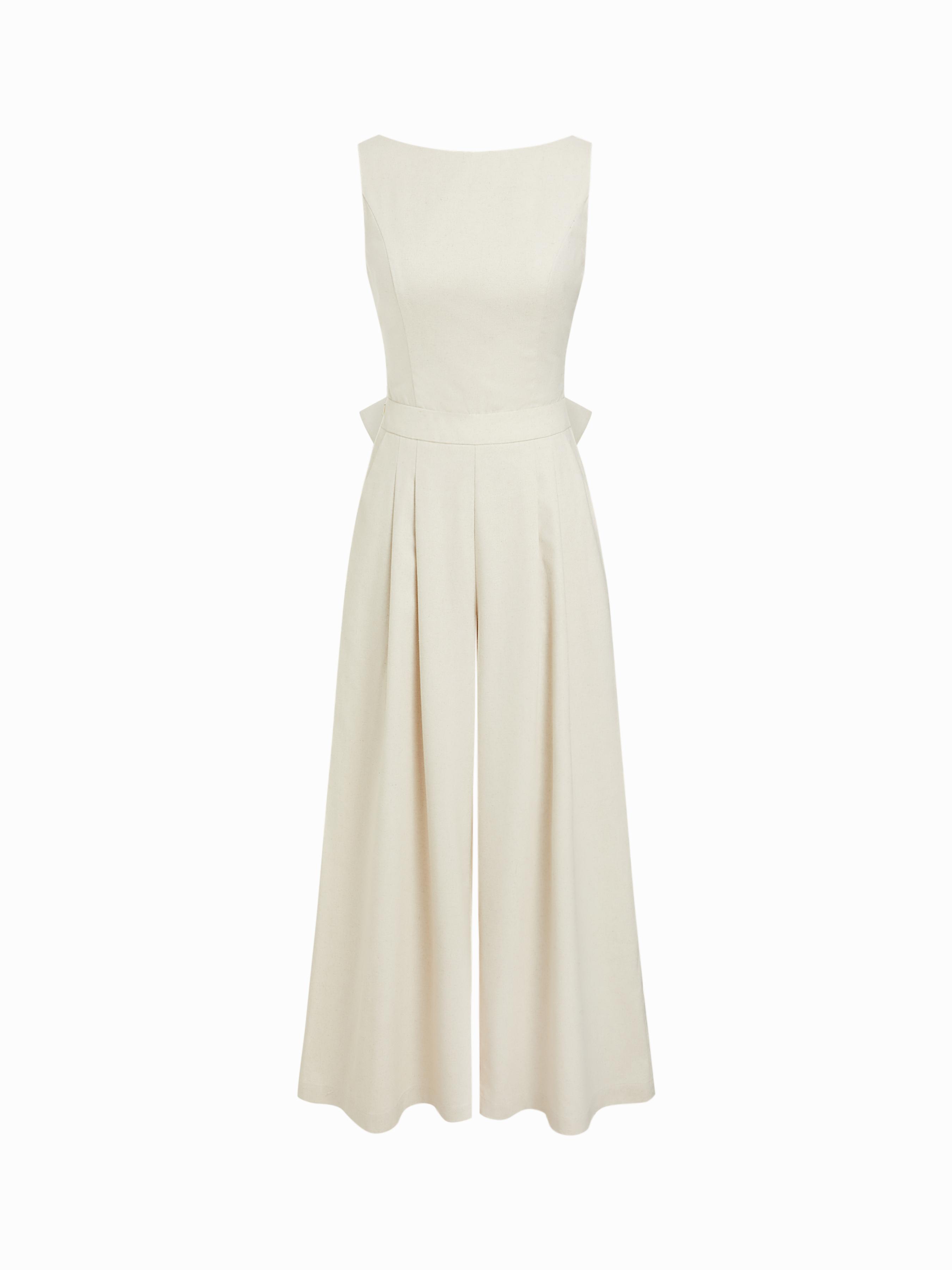 Linen-blend Boat Neck Backless Pleated Oversized Wide Leg Jumpsuit by CIDER