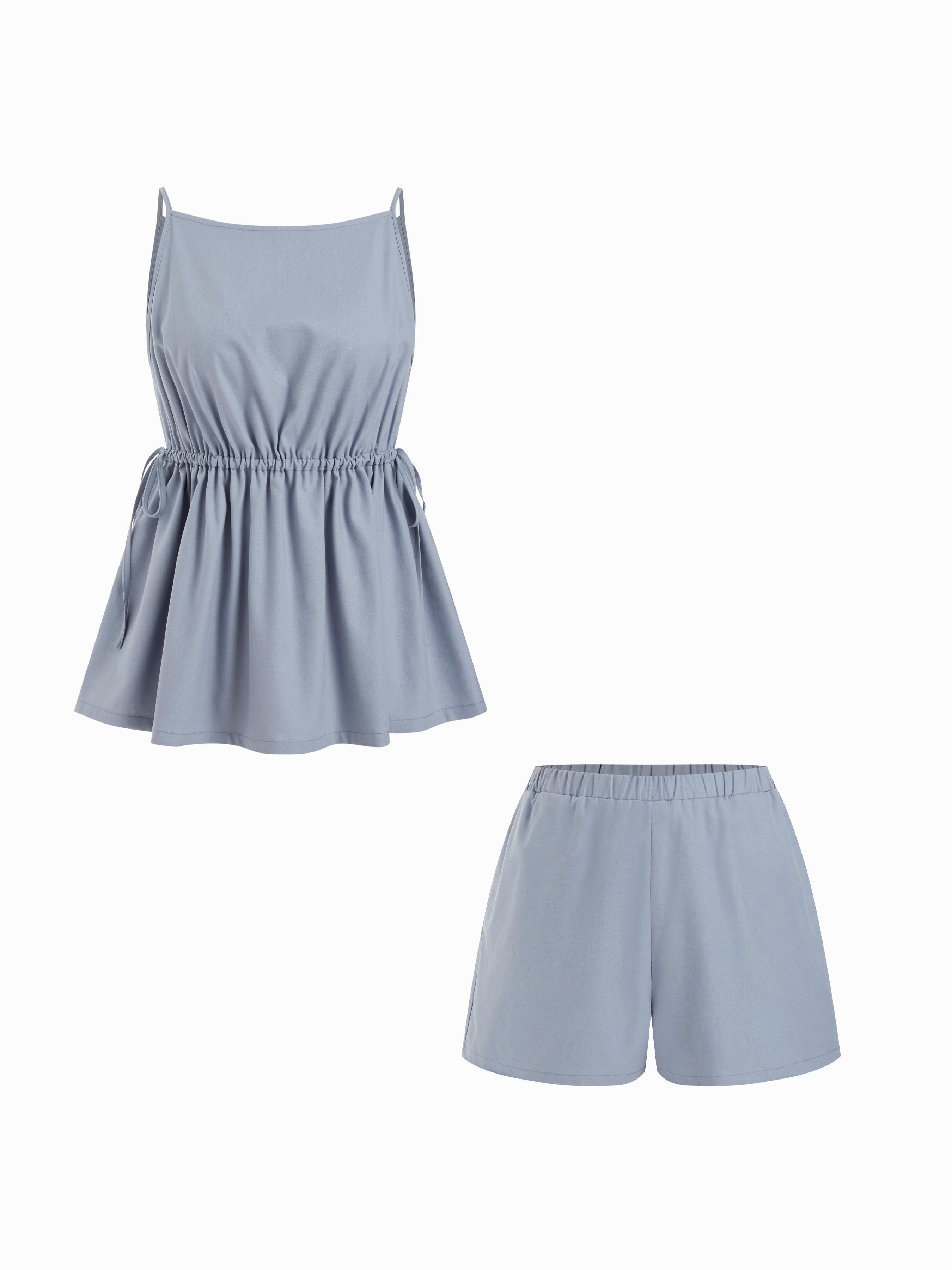 Linen-blend Boat Neck Drawstring Ruffle Top & Mid Rise Shorts Set by CIDER