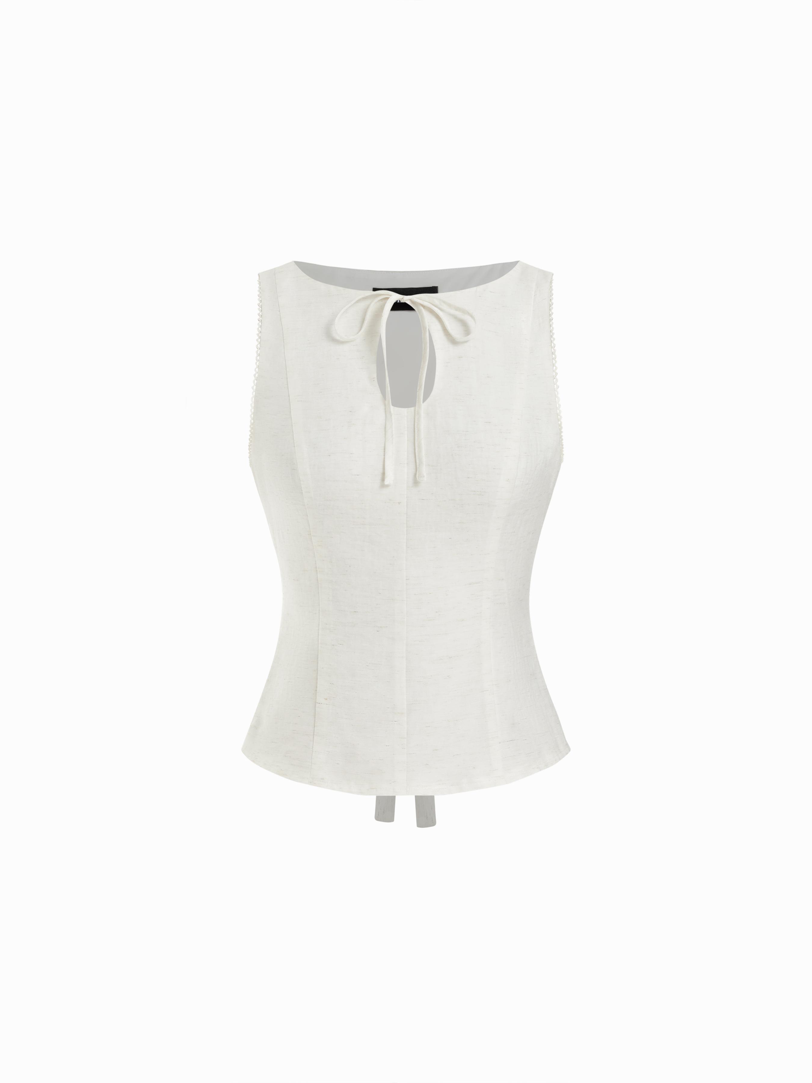Linen-blend Boat Neck Knotted Sleeveless Blouse by CIDER