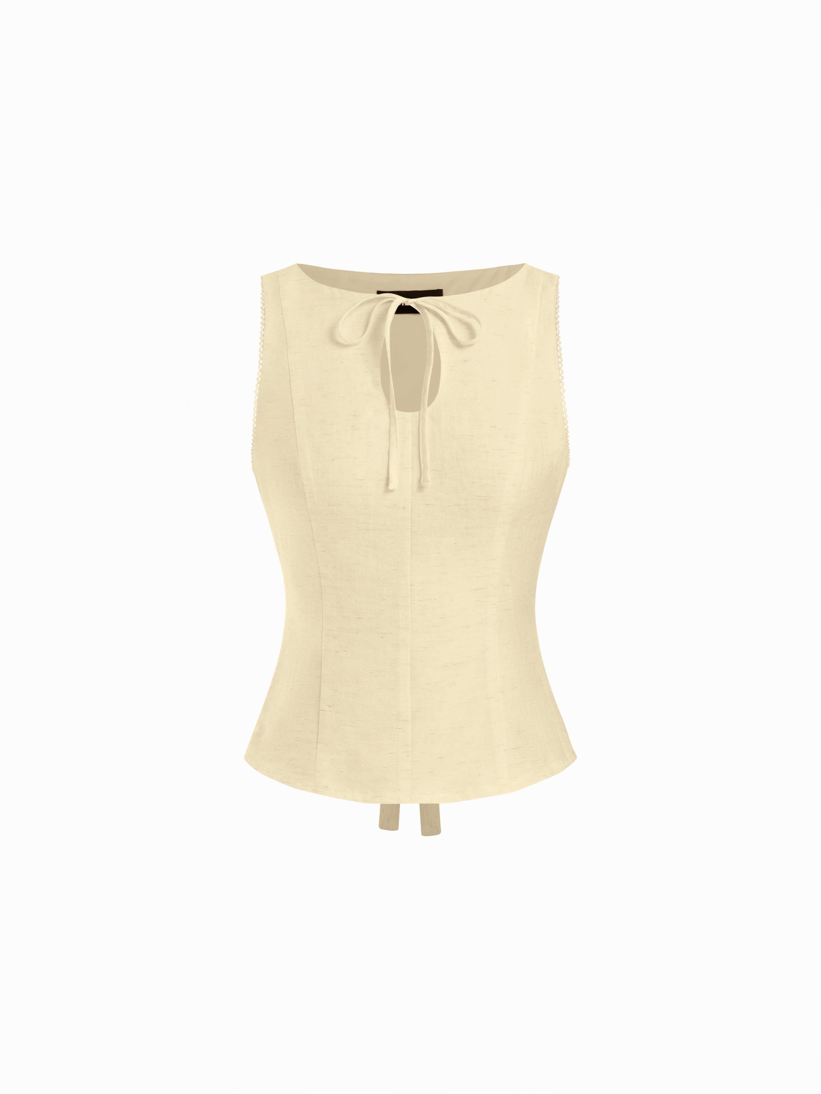 Linen-blend Boat Neck Knotted Sleeveless Blouse by CIDER