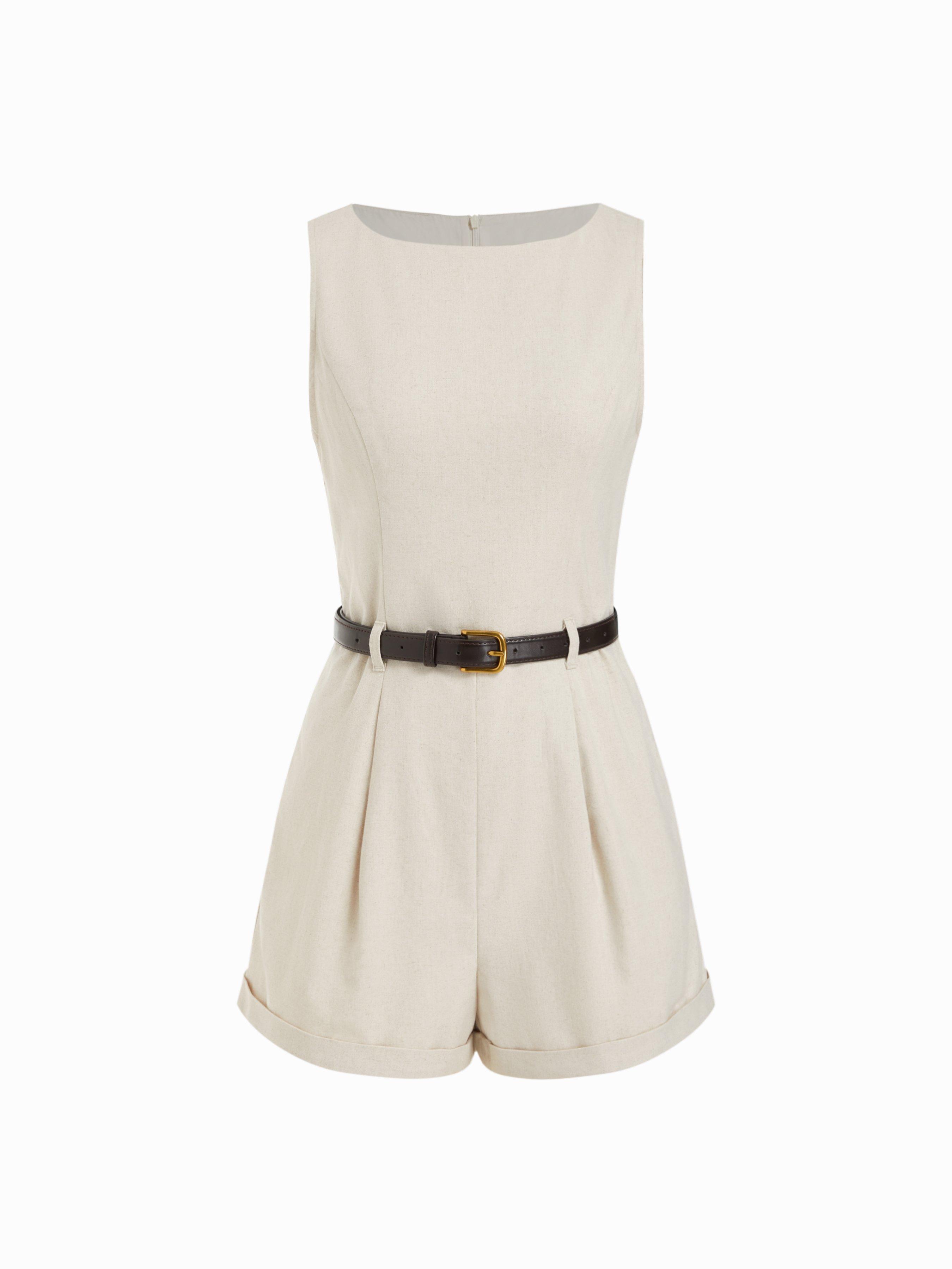 Linen-blend Boat Neck Mid Rise Romper With Belt by CIDER