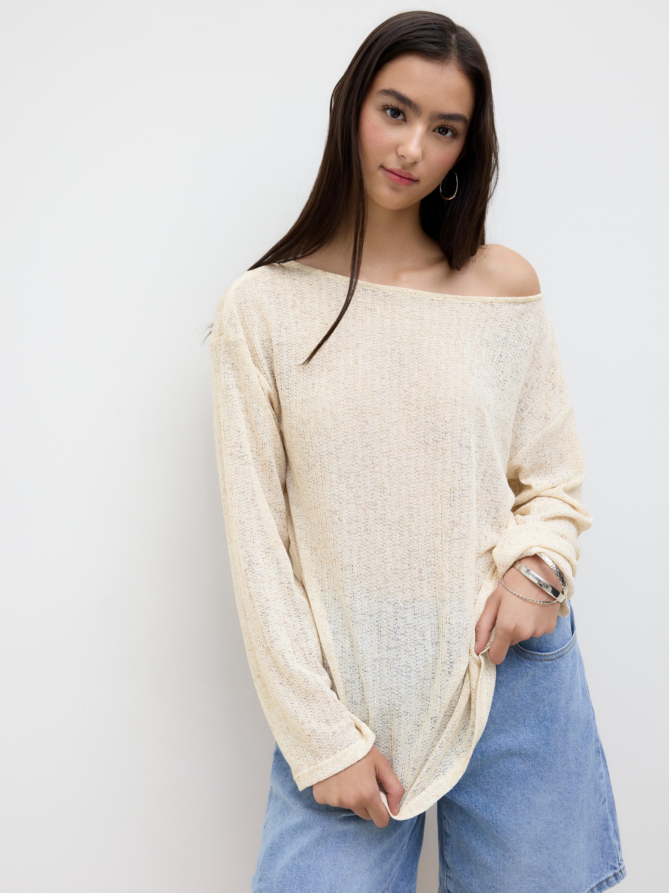 Linen-blend Boat Neck Oversized Long Sleeve Top by CIDER
