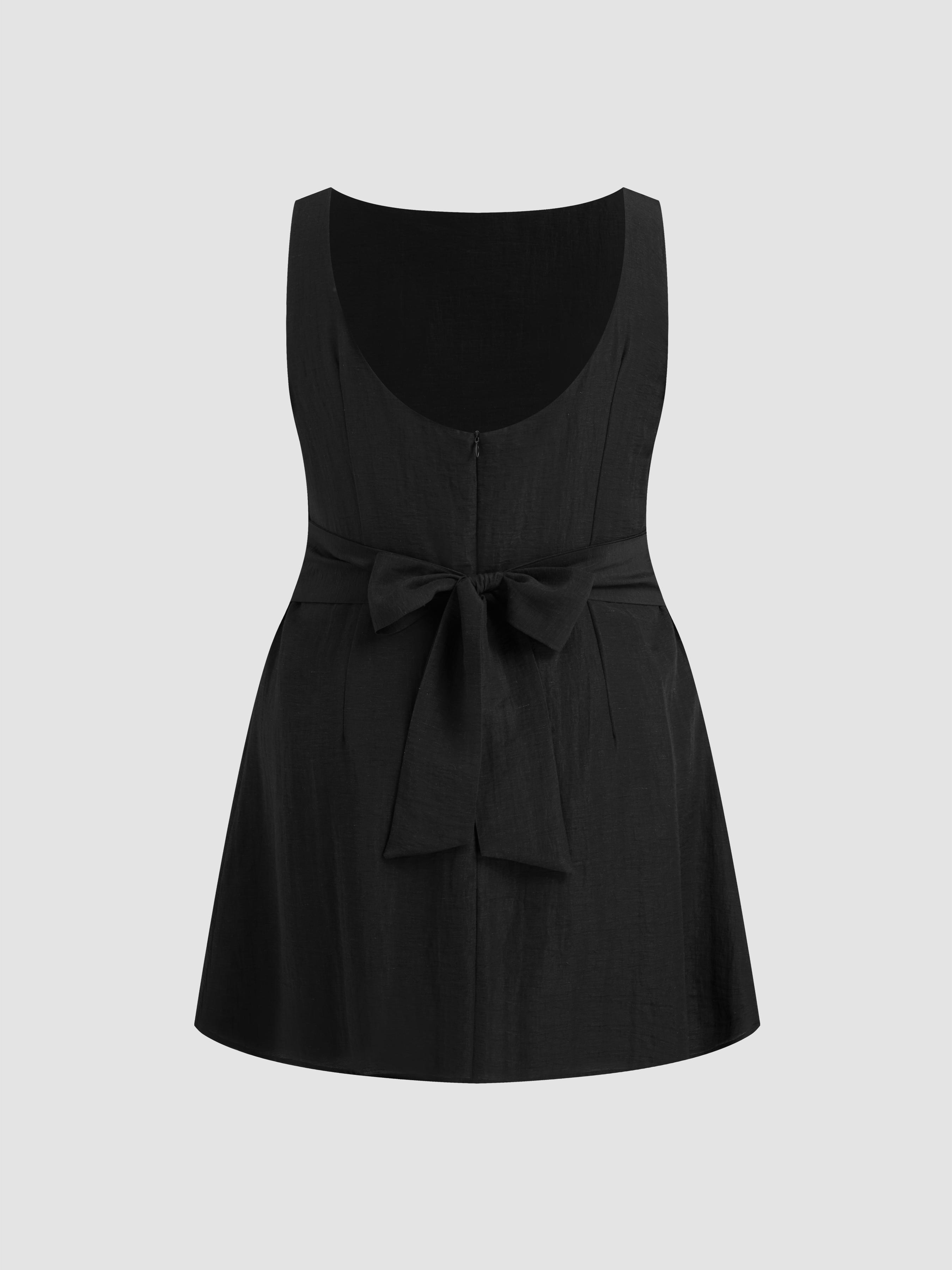 Linen-blend Boat Neck Ruched Knotted Backless Mini Dress Curve & Plus by CIDER