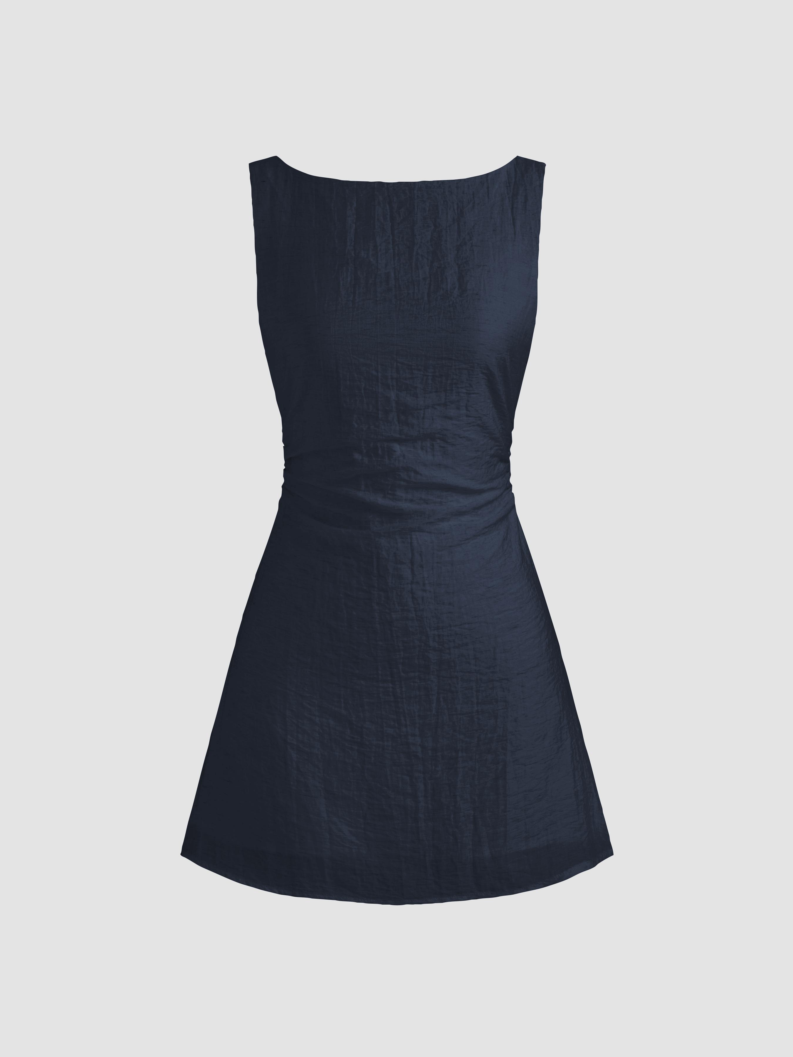 Linen-blend Boat Neck Solid Knotted Backless Mini Dress by CIDER