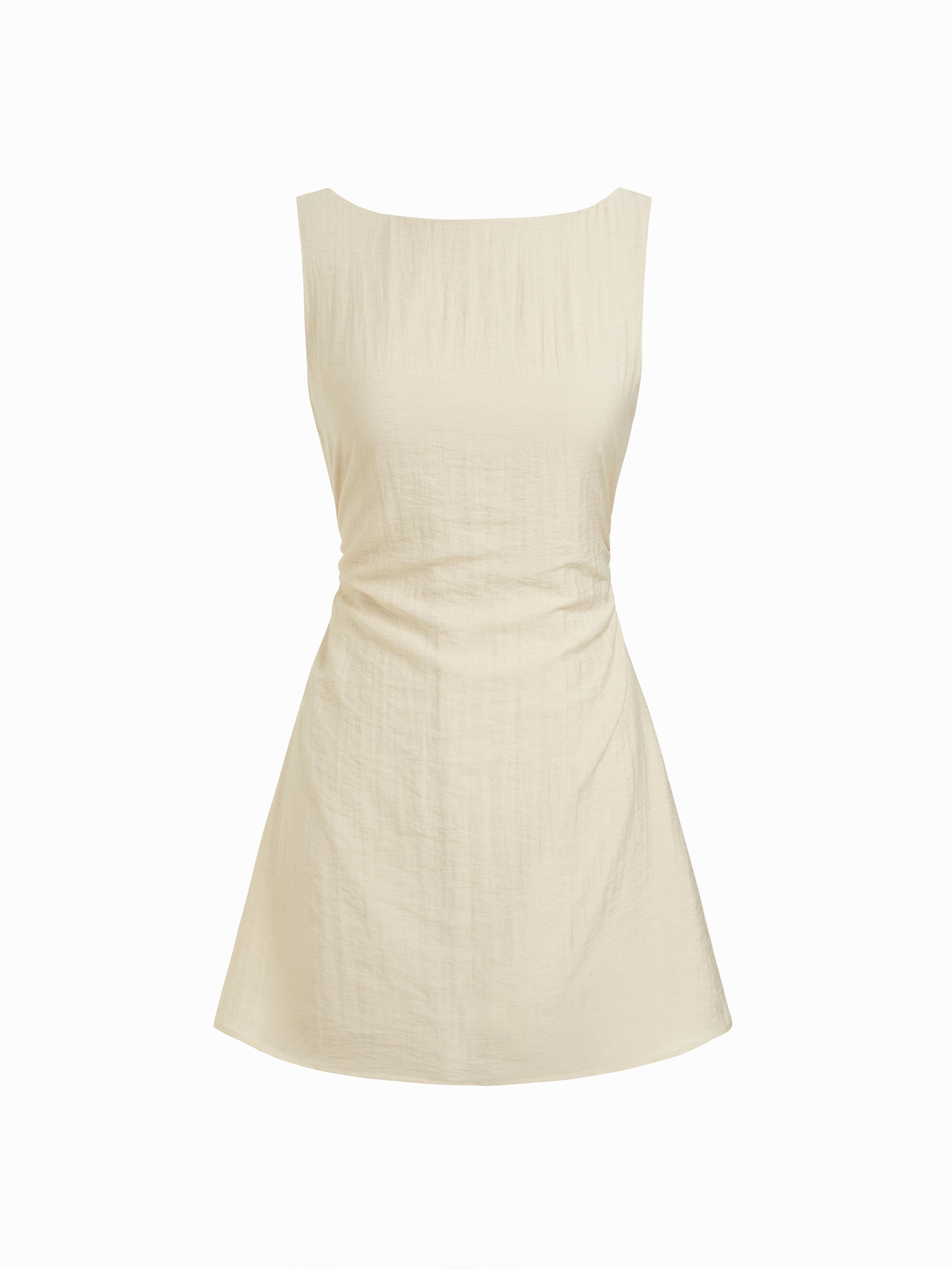 Linen-blend Boat Neck Solid Knotted Backless Mini Dress by CIDER