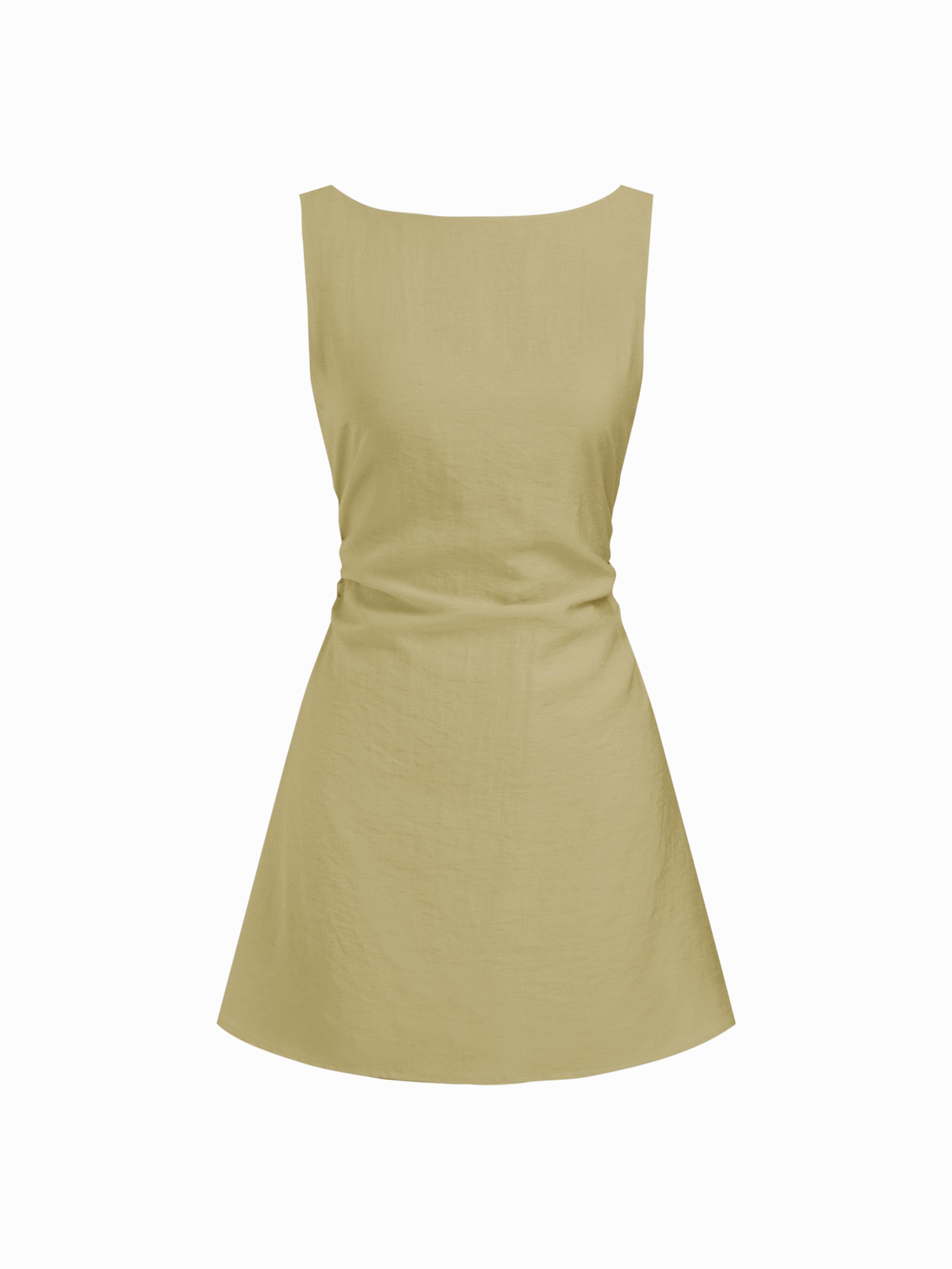Linen-blend Boat Neck Solid Knotted Backless Mini Dress by CIDER