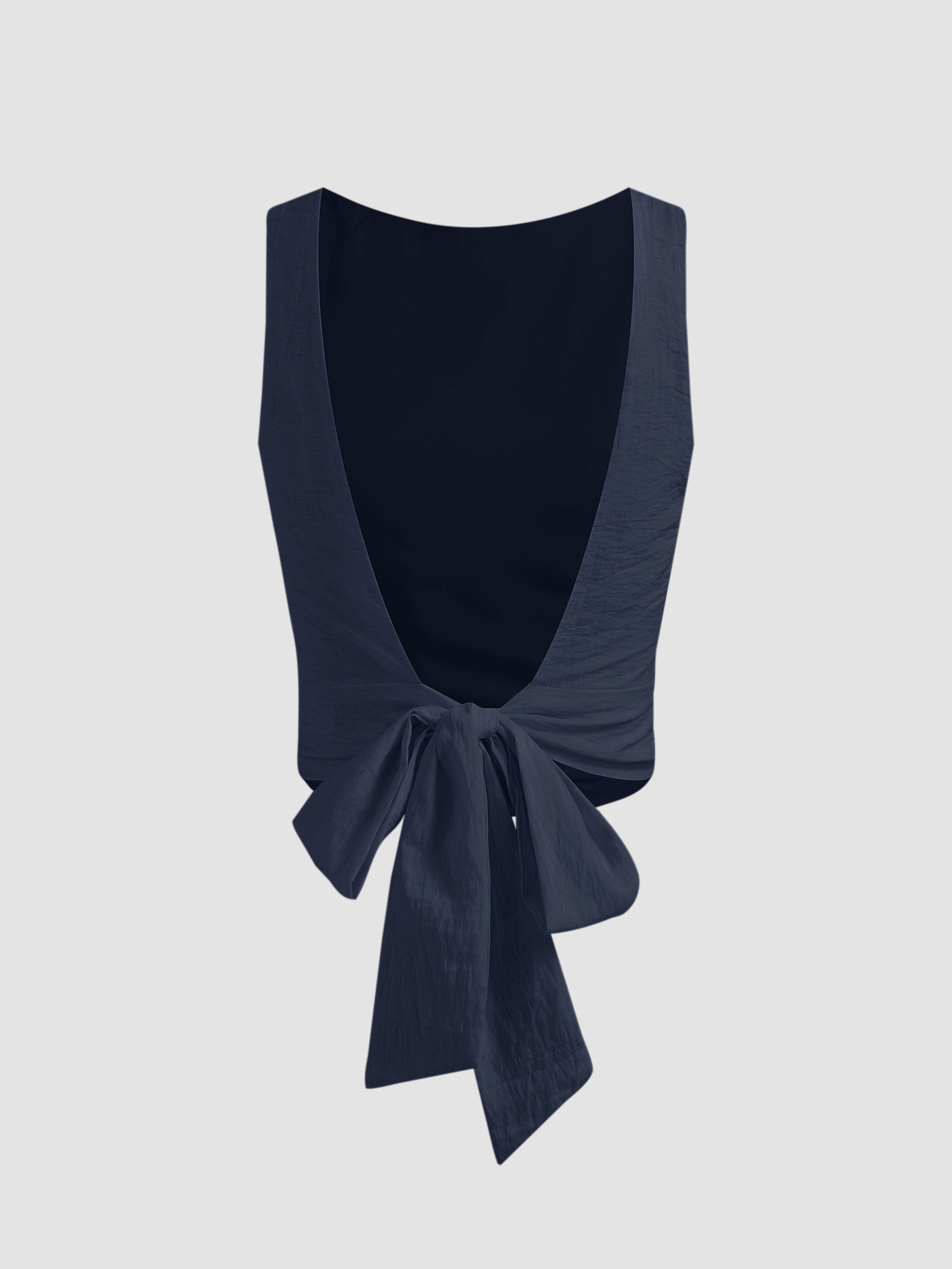 Linen-blend Boat Neck Solid Knotted Backless Tank Top by CIDER
