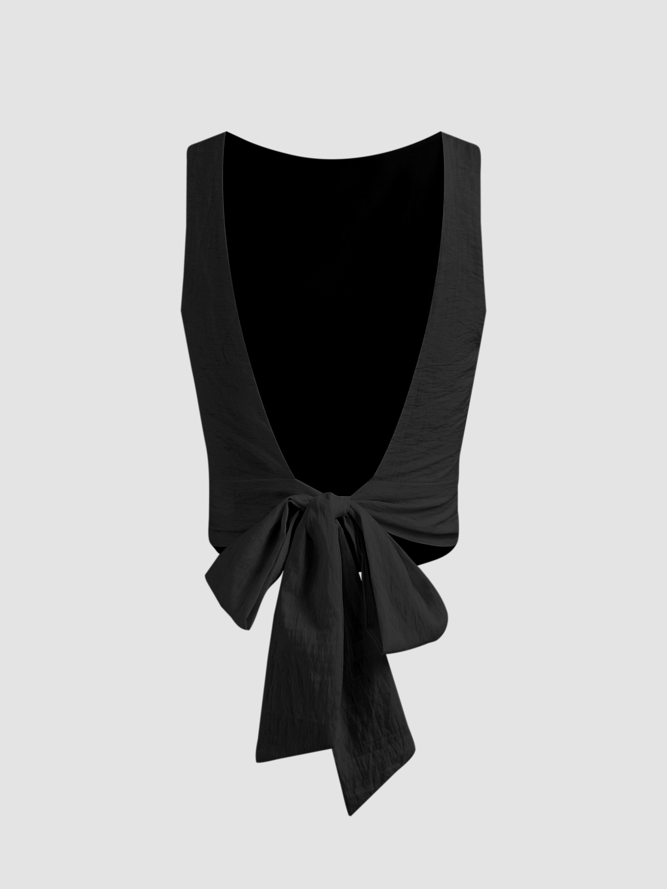 Linen-blend Boat Neck Solid Knotted Backless Tank Top by CIDER