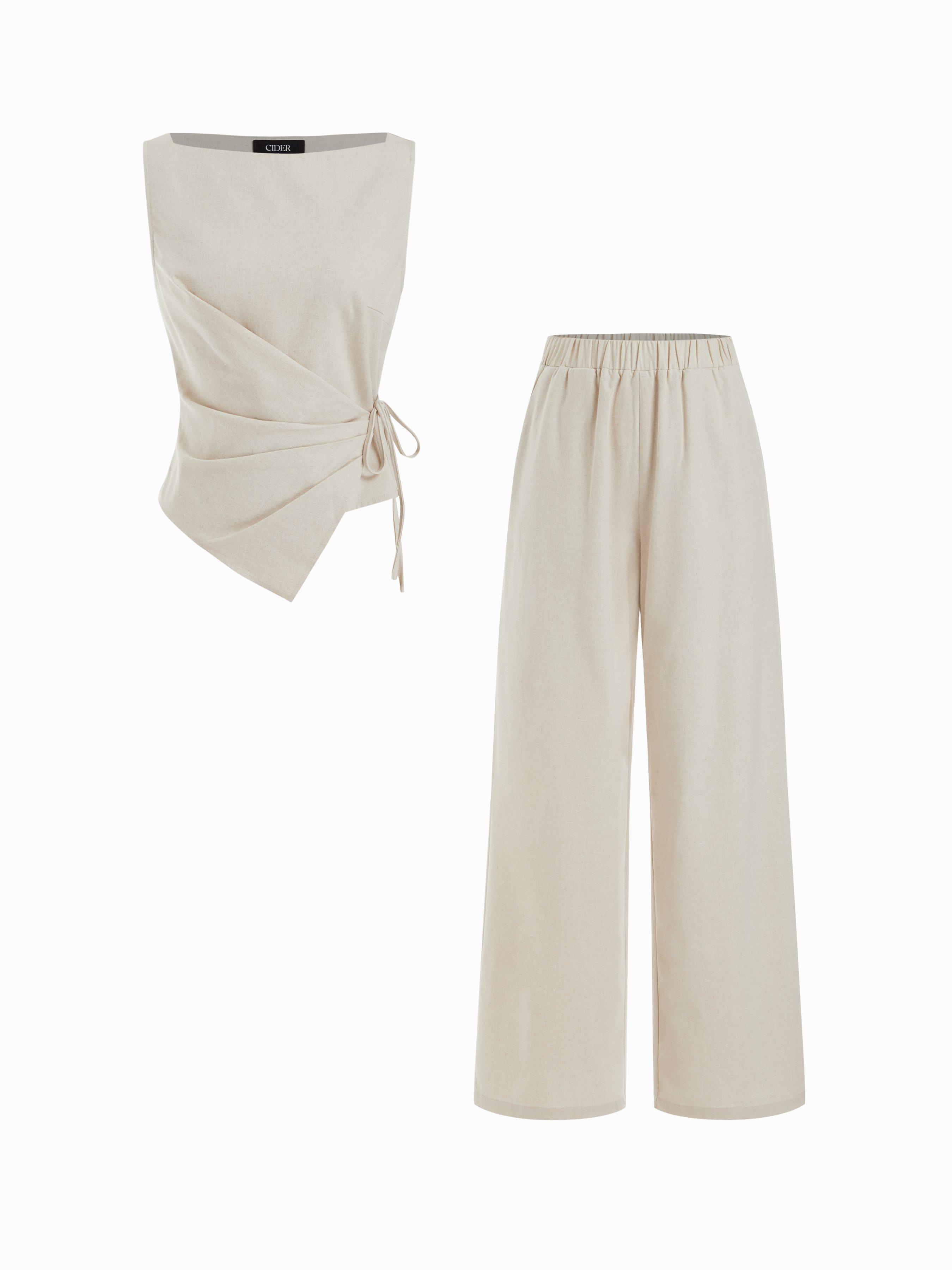 Linen-blend Boat Neck Wrap Tie Top & Mid Rise Capri Trousers Set by CIDER