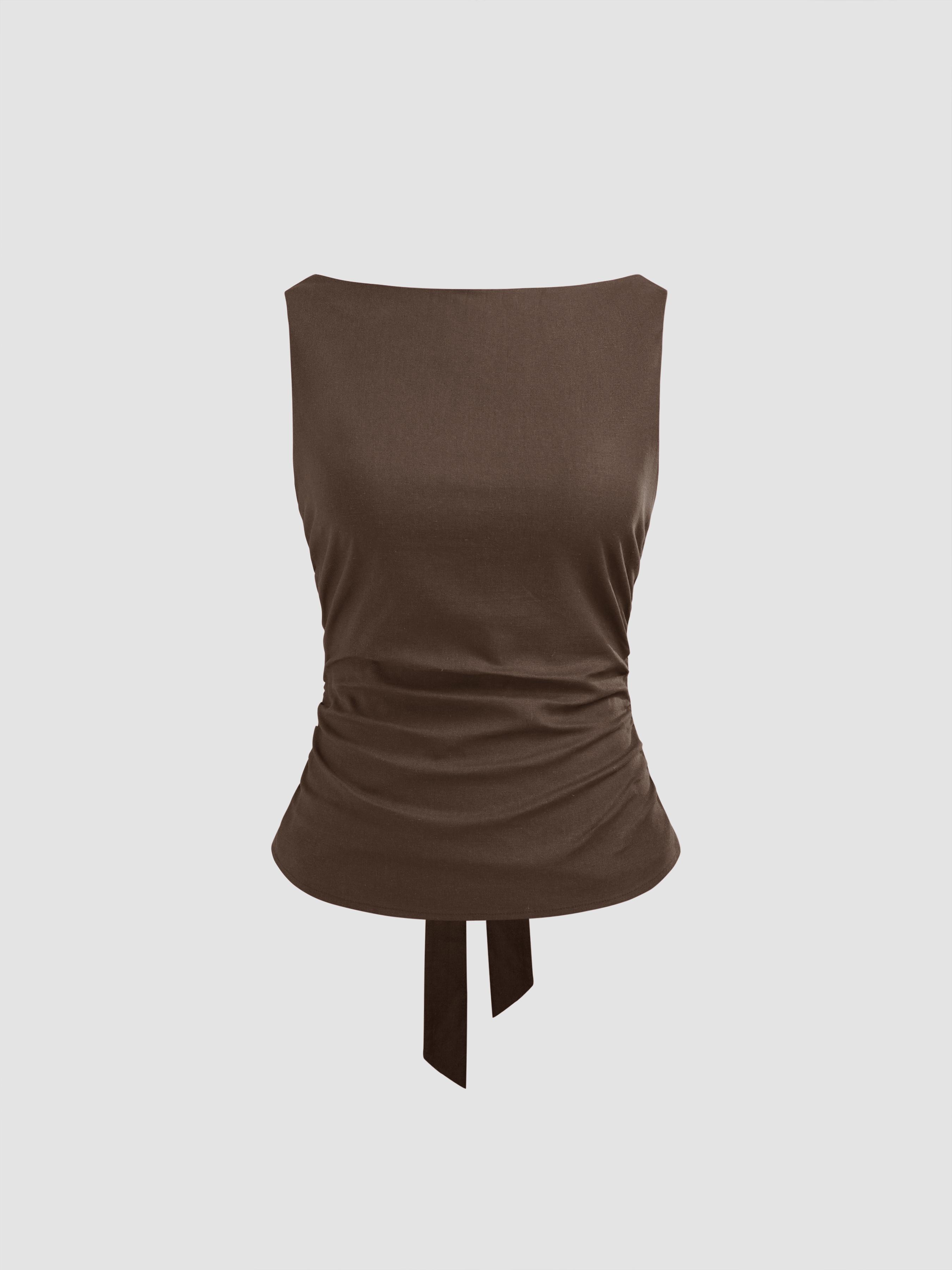 Linen-blend Boat Neckline Solid Bowknot Tank Top by CIDER