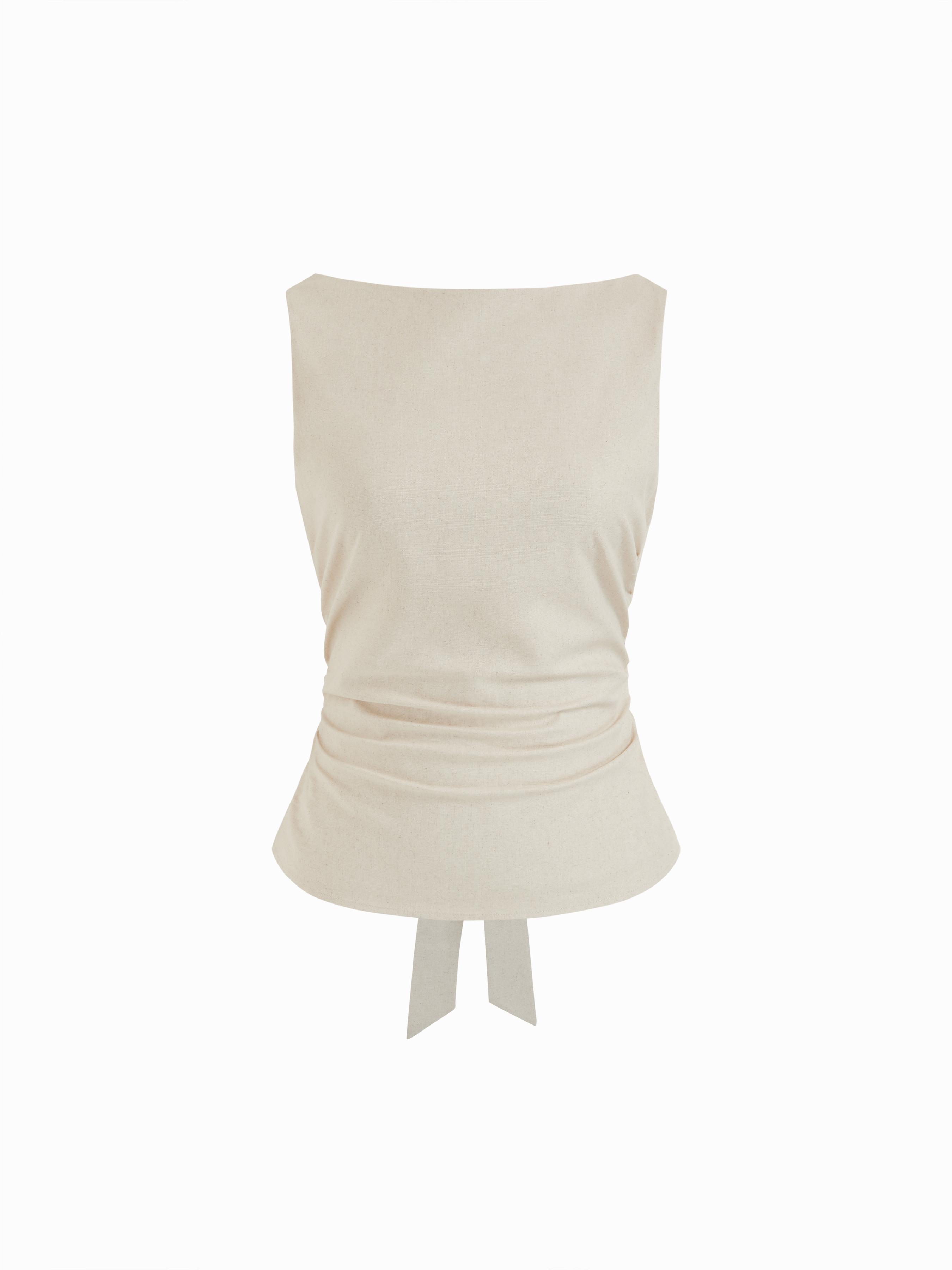 Linen-blend Boat Neckline Solid Bowknot Tank Top by CIDER