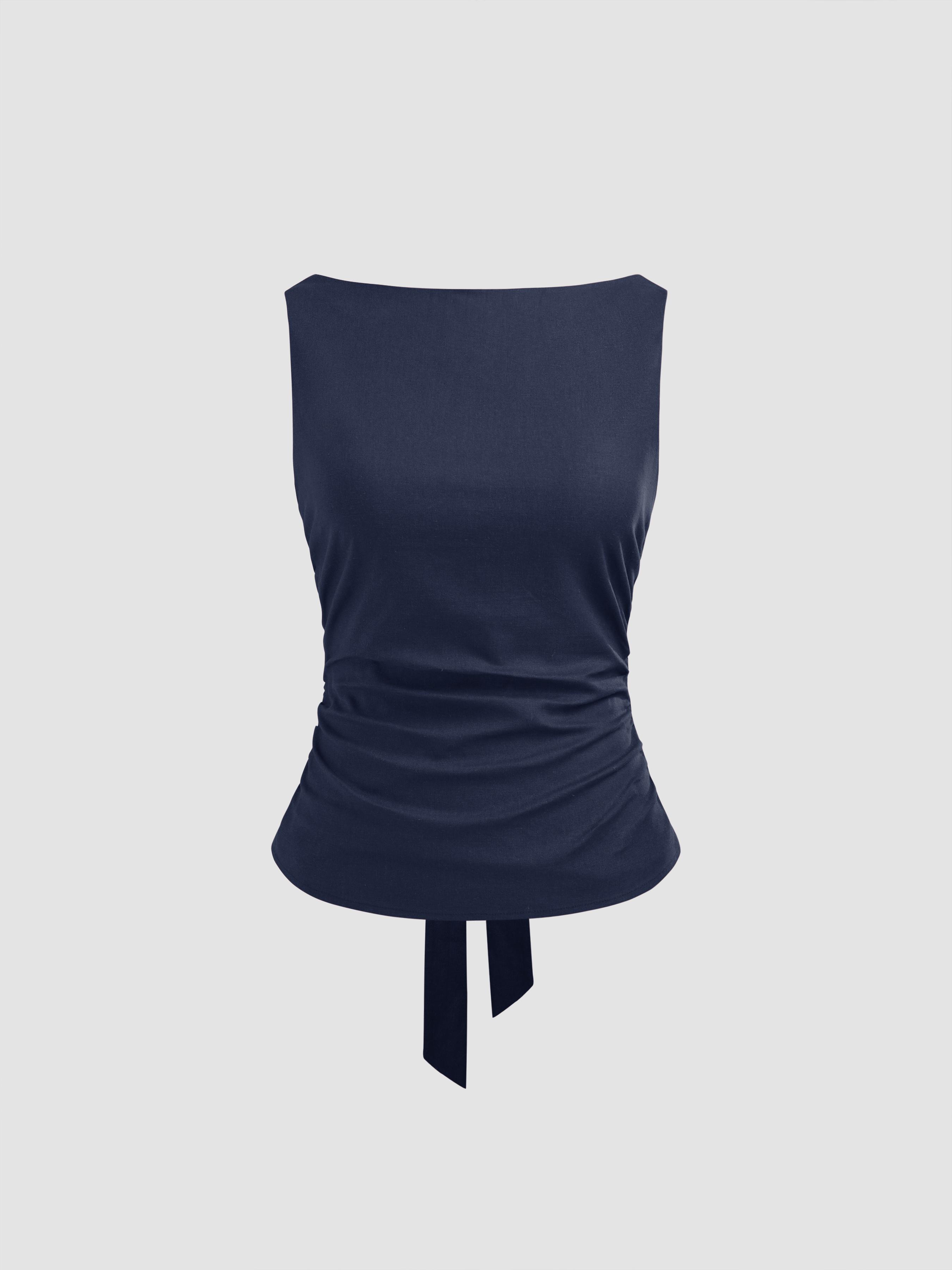Linen-blend Boat Neckline Solid Bowknot Tank Top by CIDER