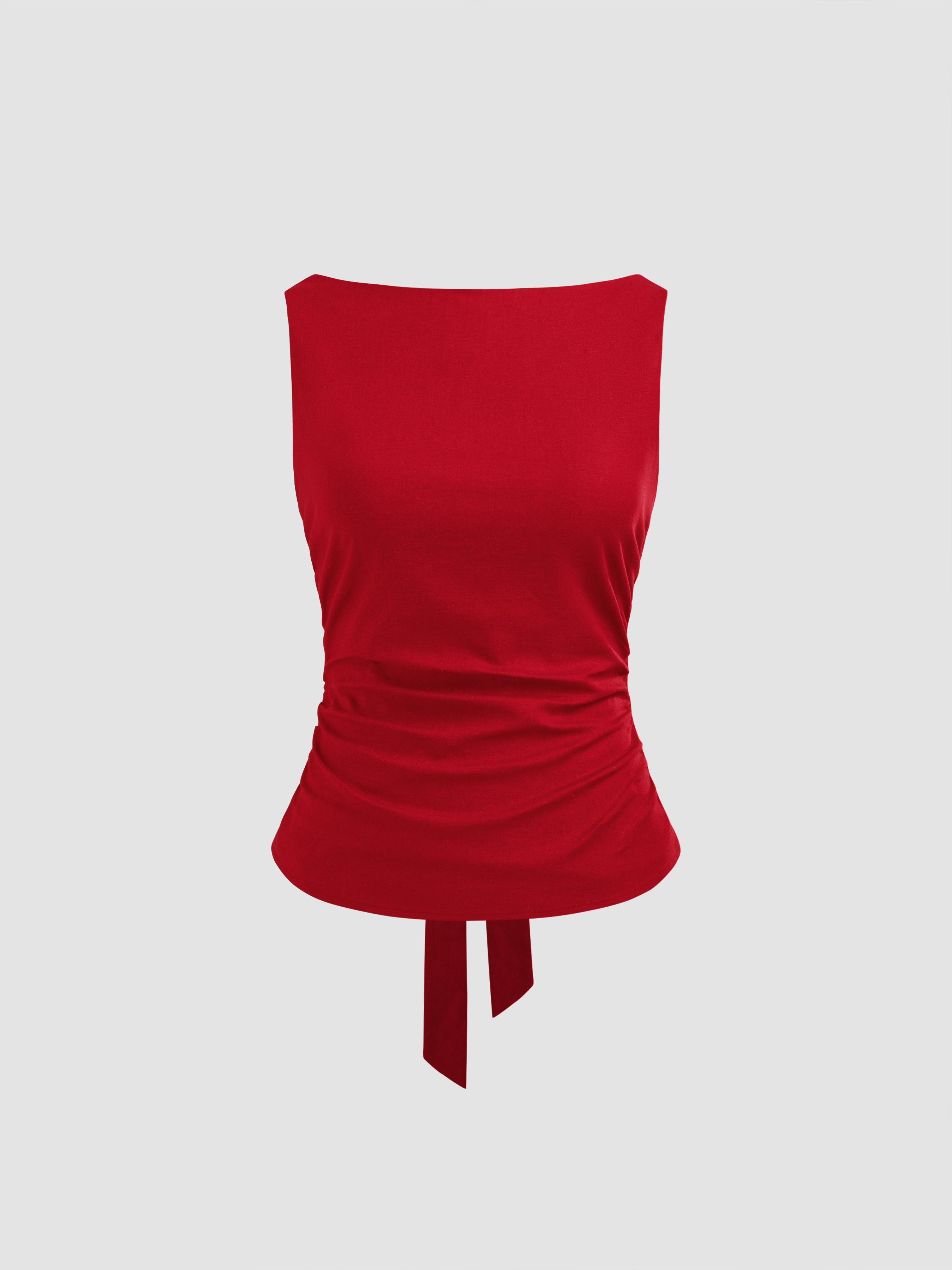 Linen-blend Boat Neckline Solid Bowknot Tank Top by CIDER
