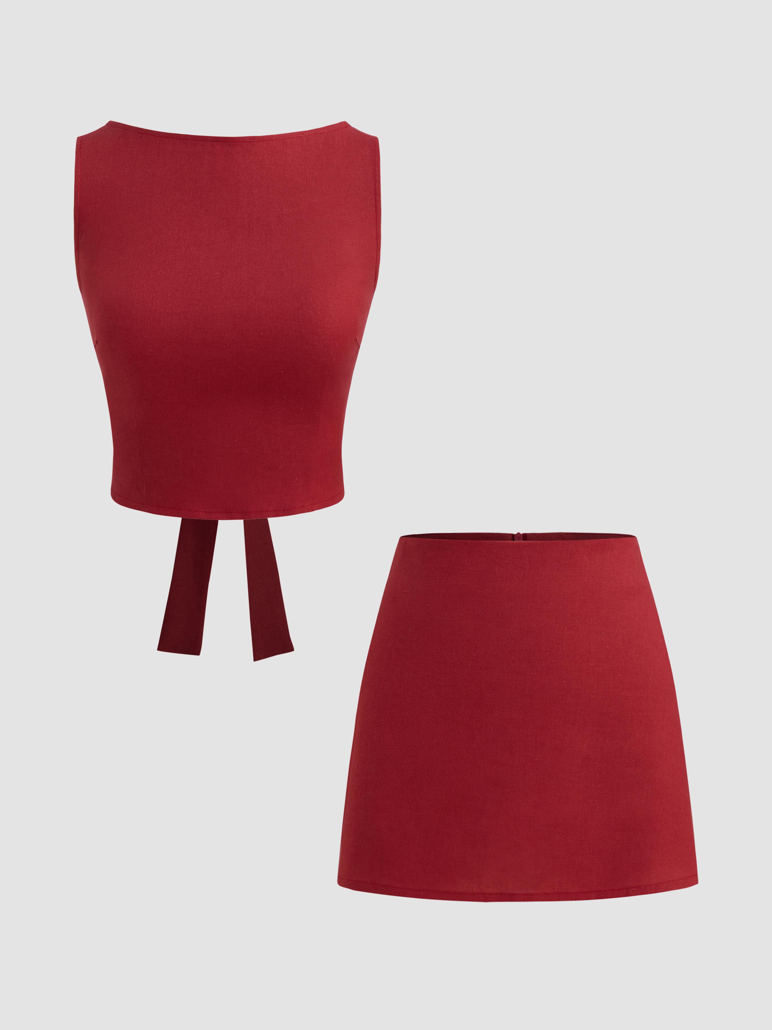 Linen-blend Boat Neckline Solid Knotted Crop Top With Low Rise Solid Mini Skirt by CIDER