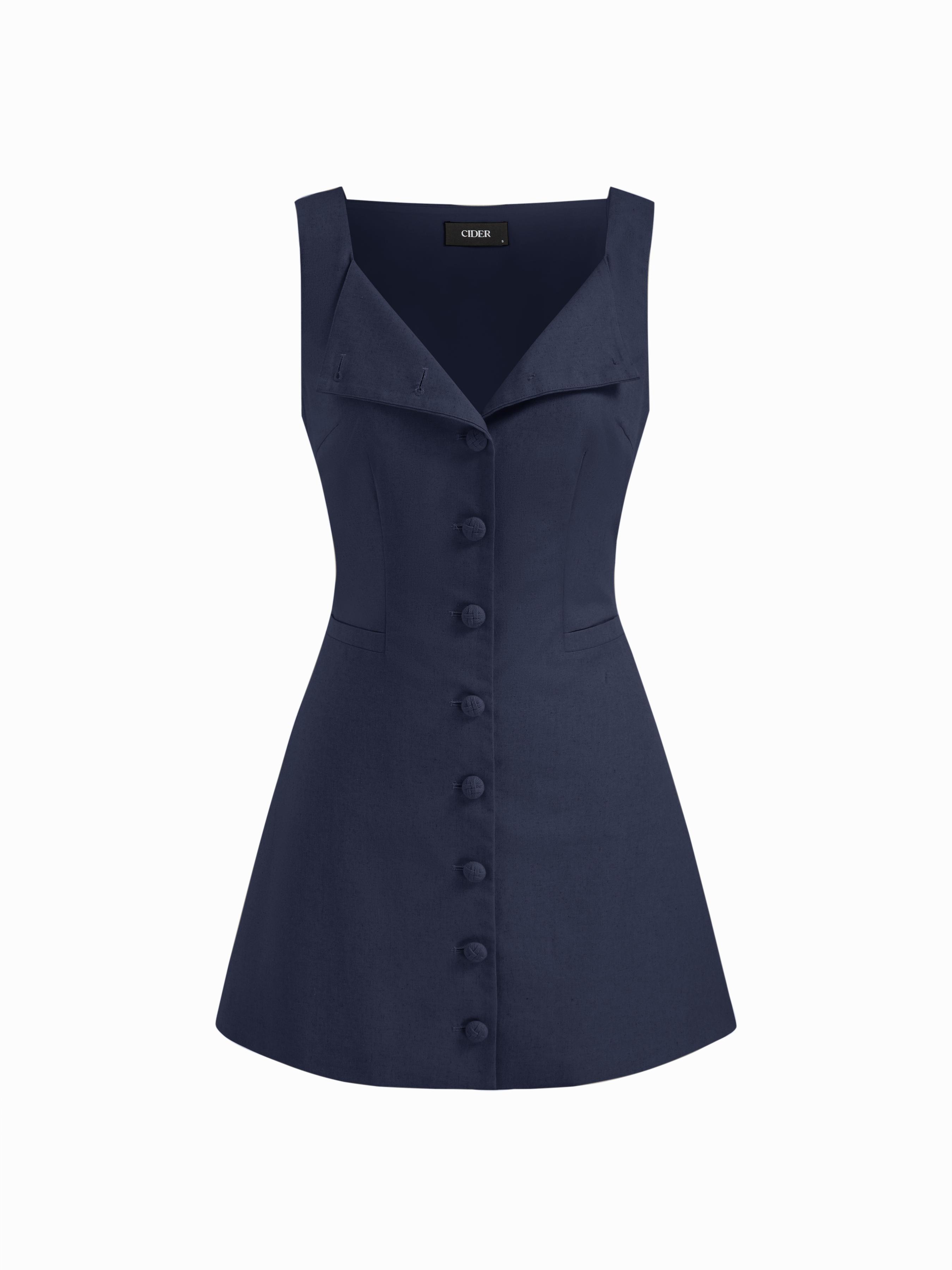 Linen-blend Braided Button Back Belt Square Neck Mini Dress by CIDER