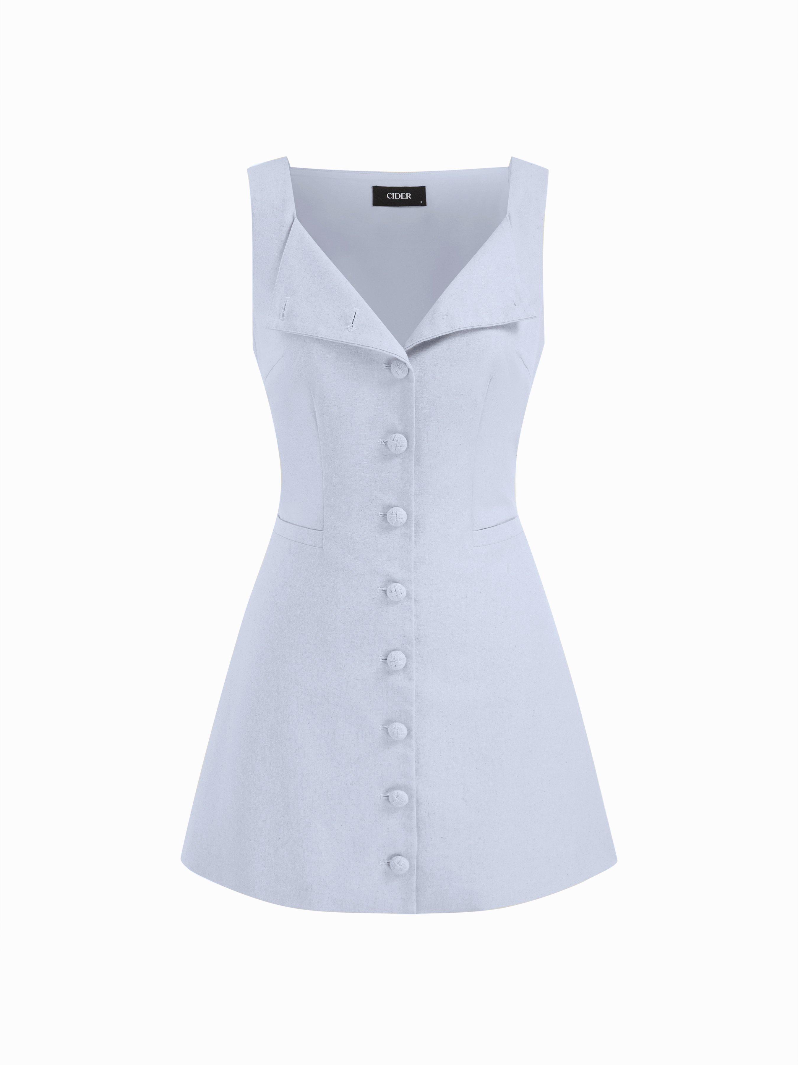 Linen-blend Braided Button Back Belt Square Neck Mini Dress by CIDER