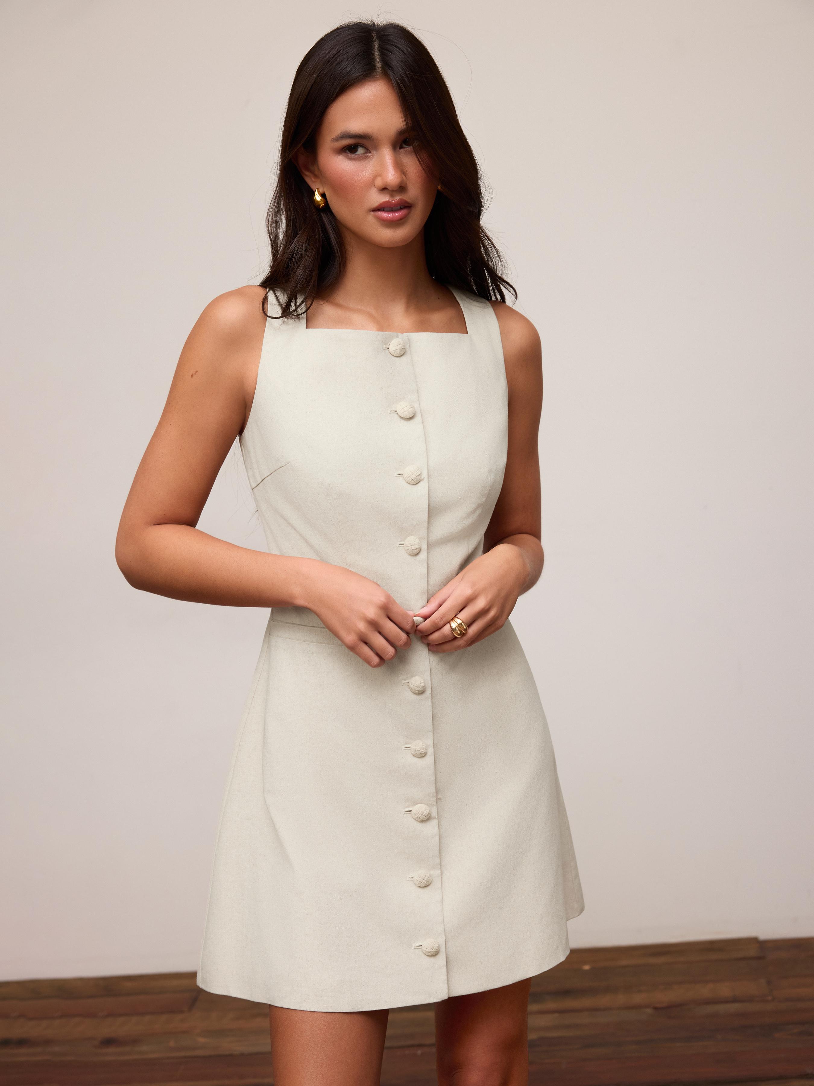 Linen-blend Braided Button Back Belt Square Neck Mini Dress by CIDER
