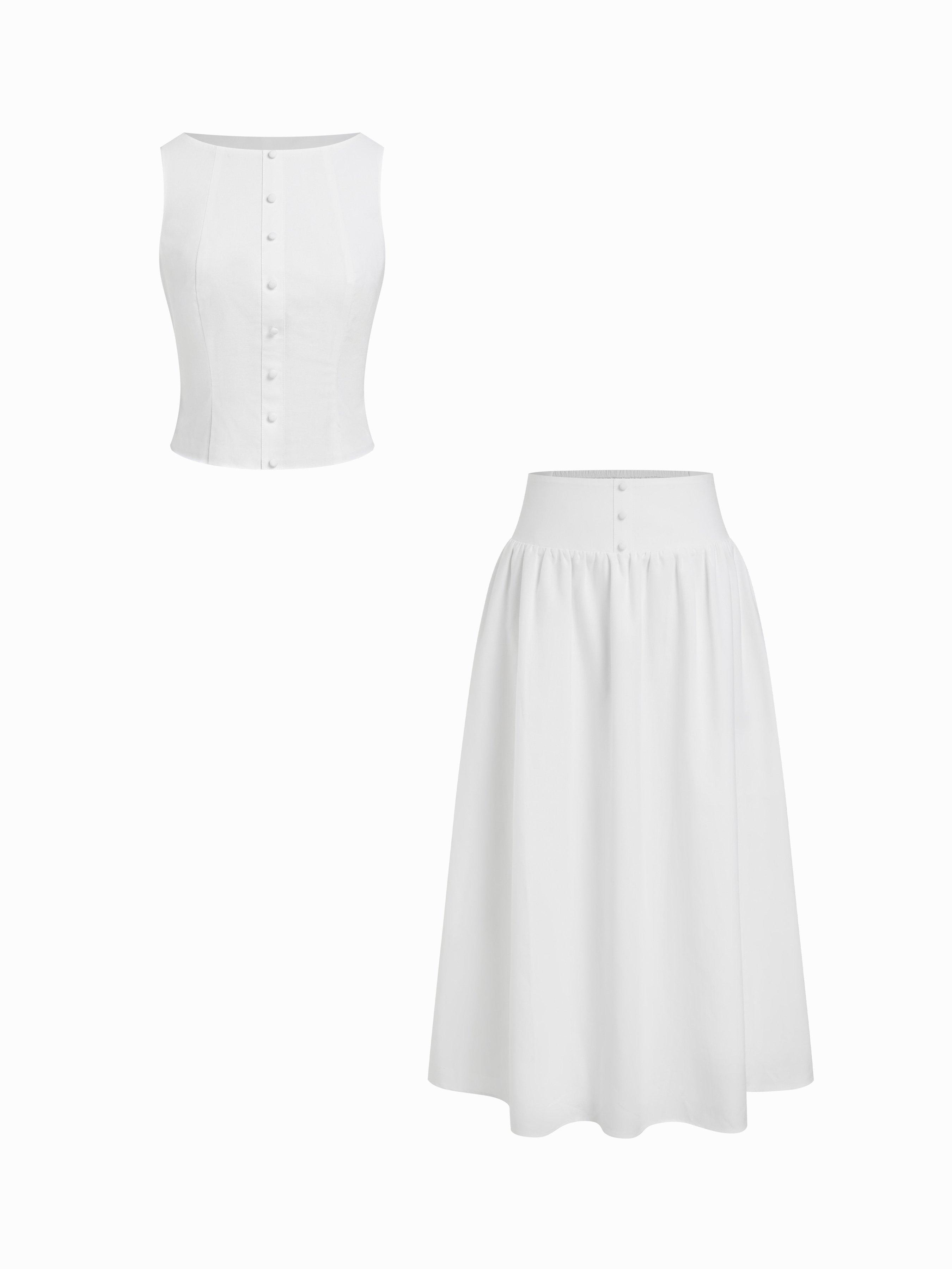 Linen-blend Button Detail Top & Mid Rise Shirred Flared Maxi Skirt Set by CIDER