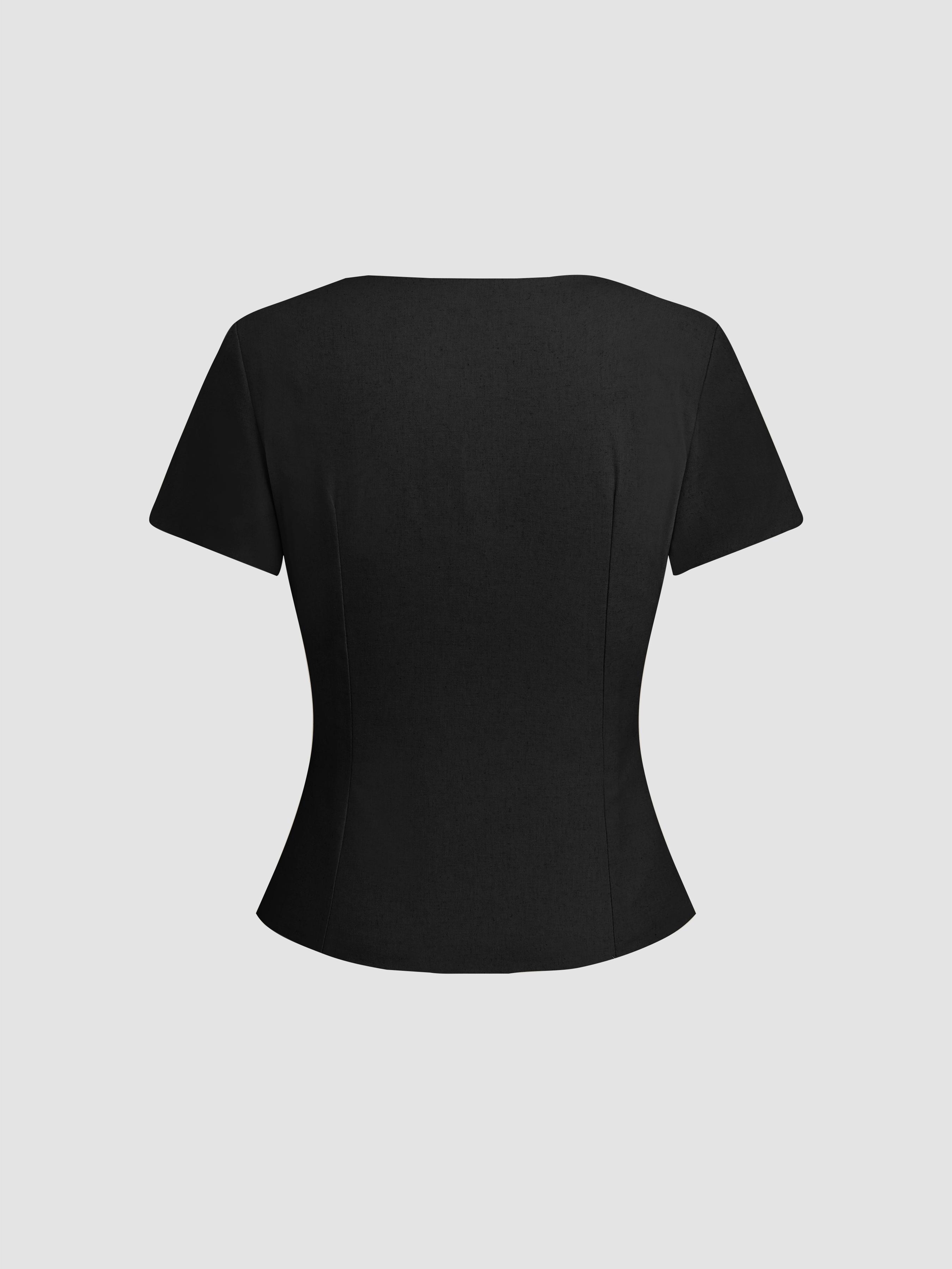 Linen-blend Button Split Short Sleeve Top by CIDER
