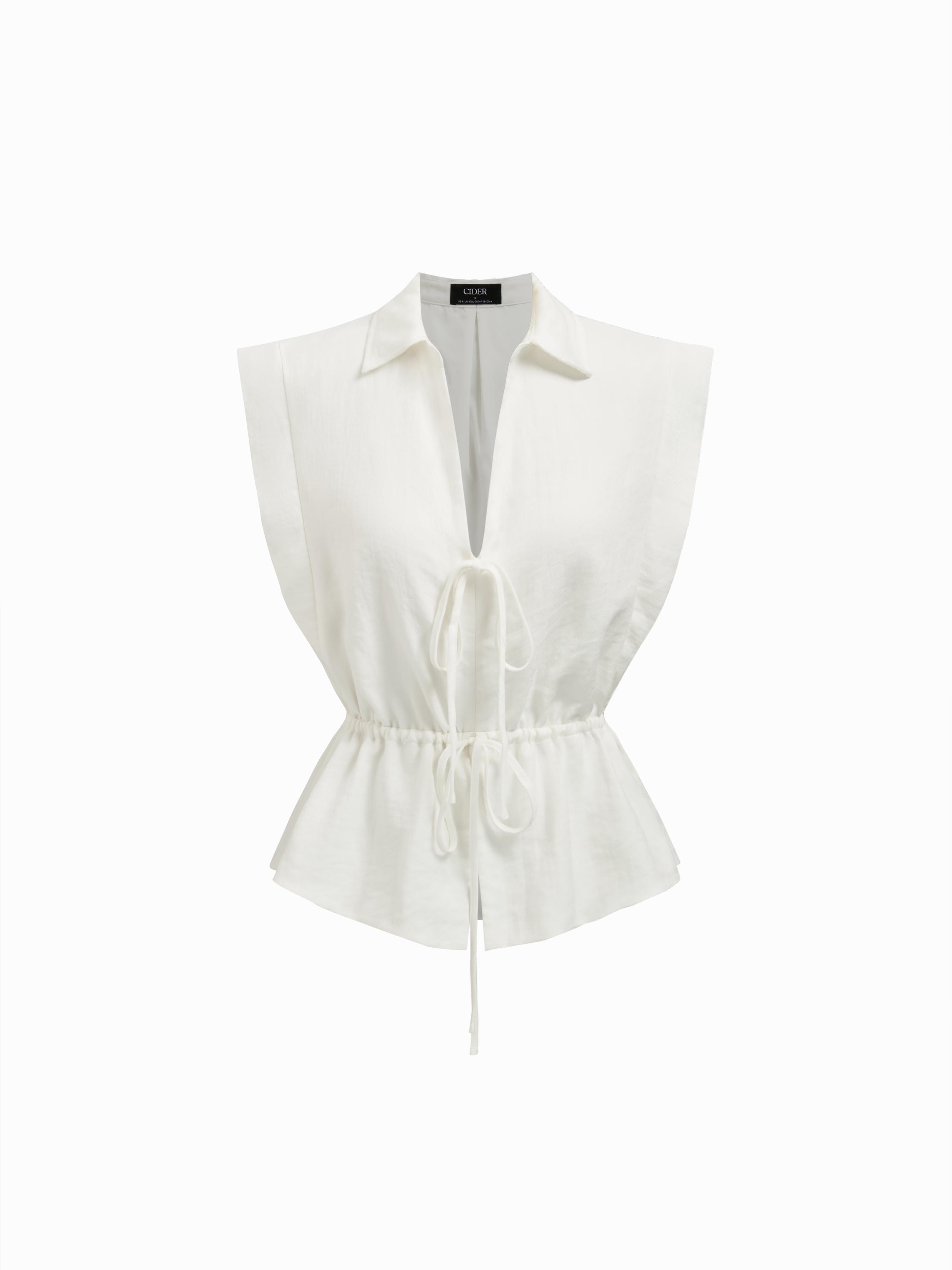 Linen-blend Collar Drawstring Sleeveless Blouse by CIDER