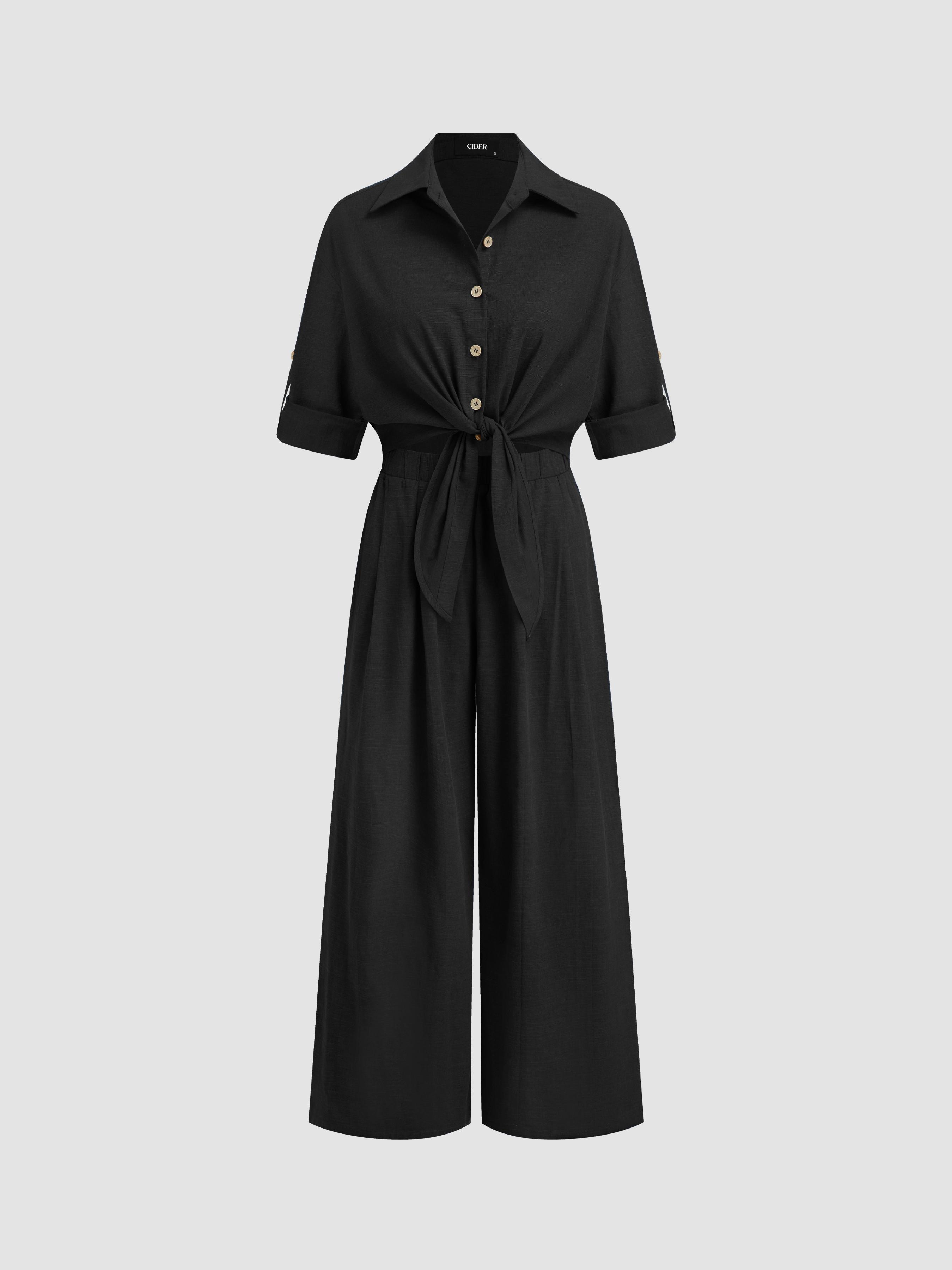 Linen-blend Collar Knotted Roll Hem Oversized Jumpsuit by CIDER